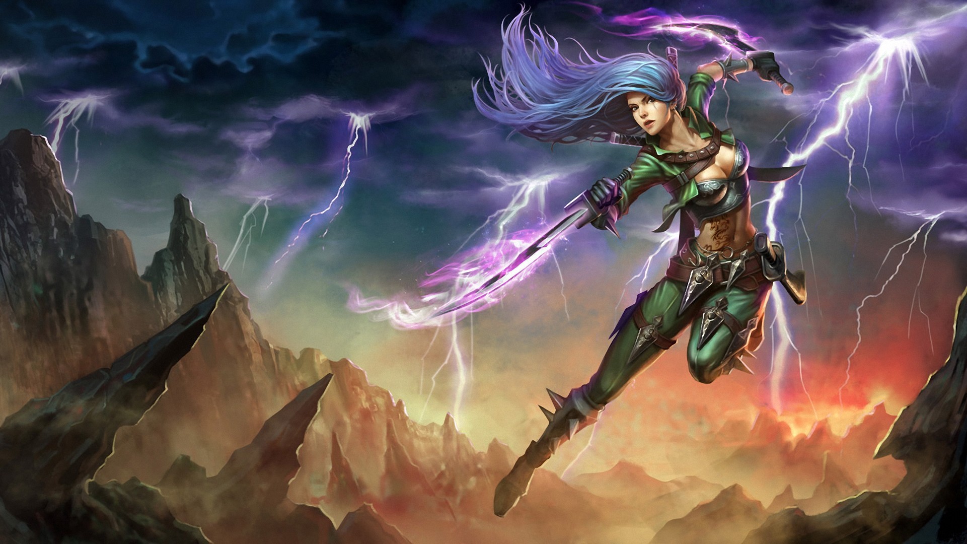 General 1921x1080 fantasy art League of Legends Katarina (League of Legends) PC gaming video game art boobs long hair purple hair women with swords sword weapon video game girls fantasy girl