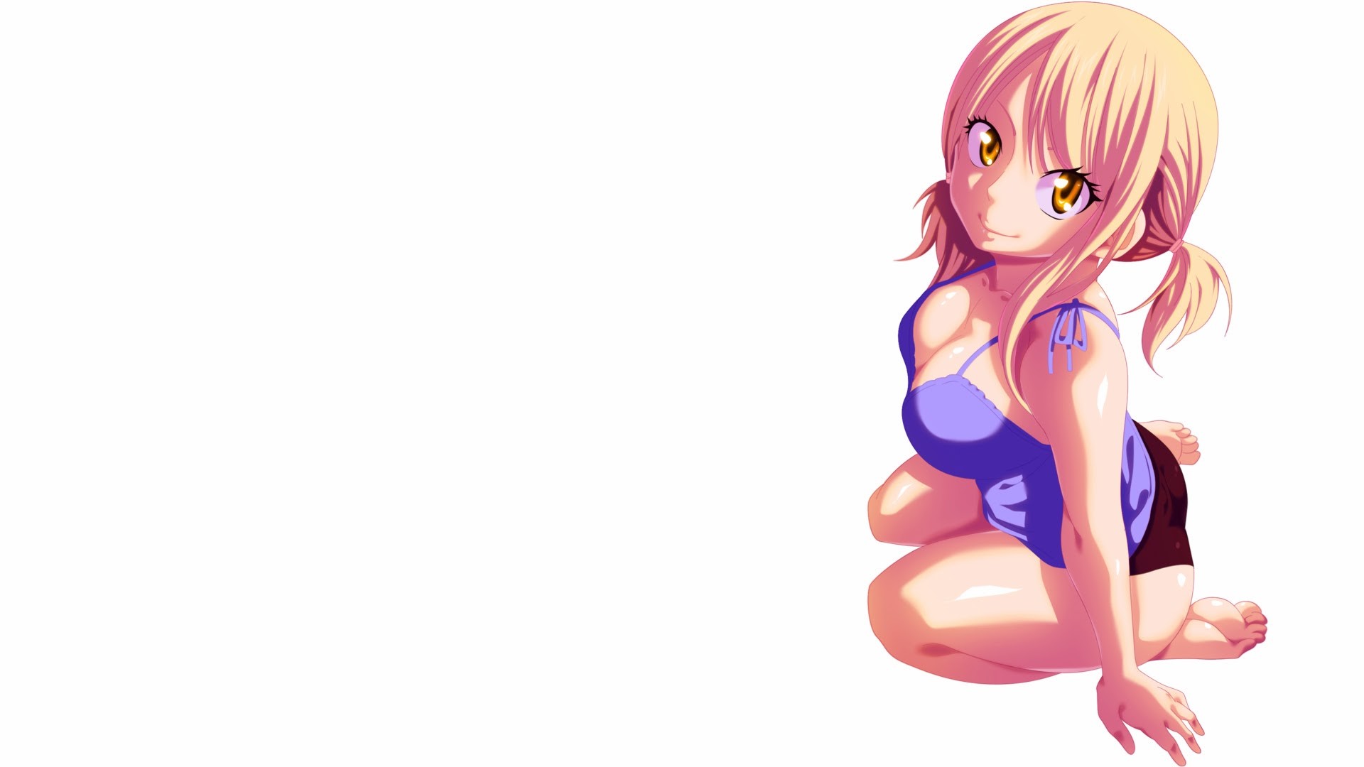 Anime 1920x1080 anime girls Heartfilia Lucy  Fairy Tail anime yellow eyes smiling blonde long hair sitting ass panties underwear kneeling barefoot cleavage boobs women simple background white background looking at viewer