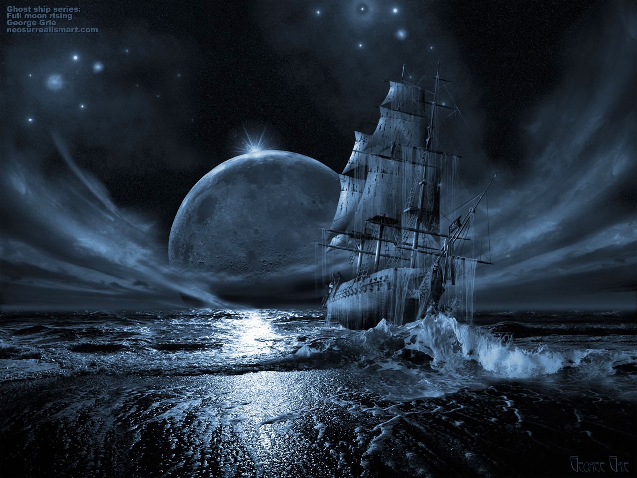 General 1280x960 Moon sailing ship ghost ship fantasy art ship vehicle rigging (ship) digital art watermarked water night sky stars