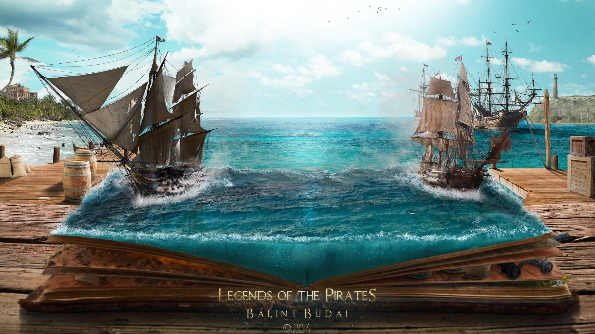 General 1920x1080 magic books fantasy art digital art caption 2014 (Year) pirates coast text rigging (ship) sailing ship Bálint Budai ports battle sea water island