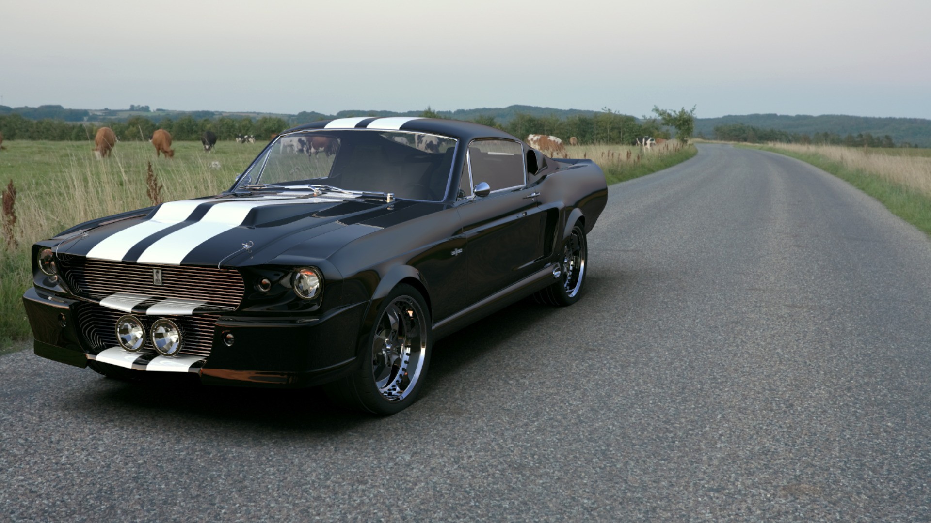 General 1920x1080 car road black cars Ford American cars racing stripes muscle cars vehicle Ford Mustang