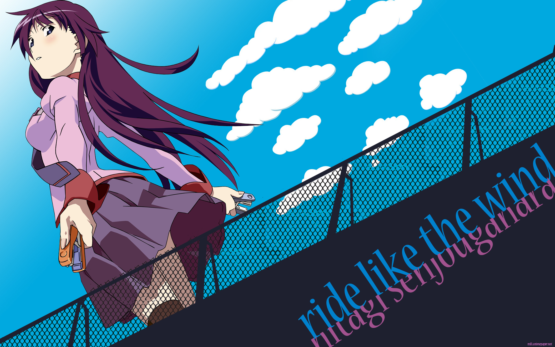 Anime 1920x1200 anime girls Monogatari Series Senjougahara Hitagi purple hair anime long hair standing women outdoors