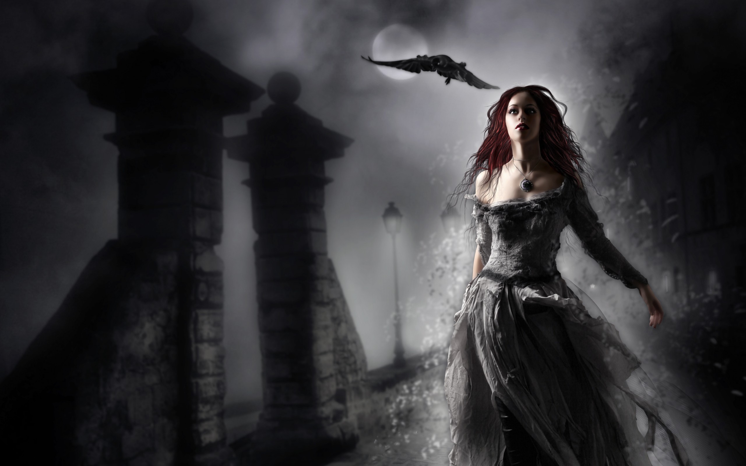 People 2560x1600 fantasy art fantasy girl redhead Moon bats night women dress necklace