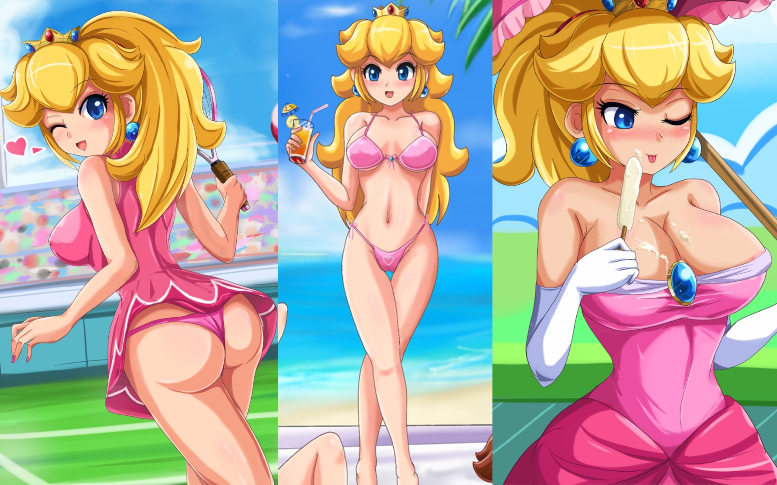 Anime 2560x1600 video games collage artwork ass big boobs video game characters Princess Peach boobs huge breasts