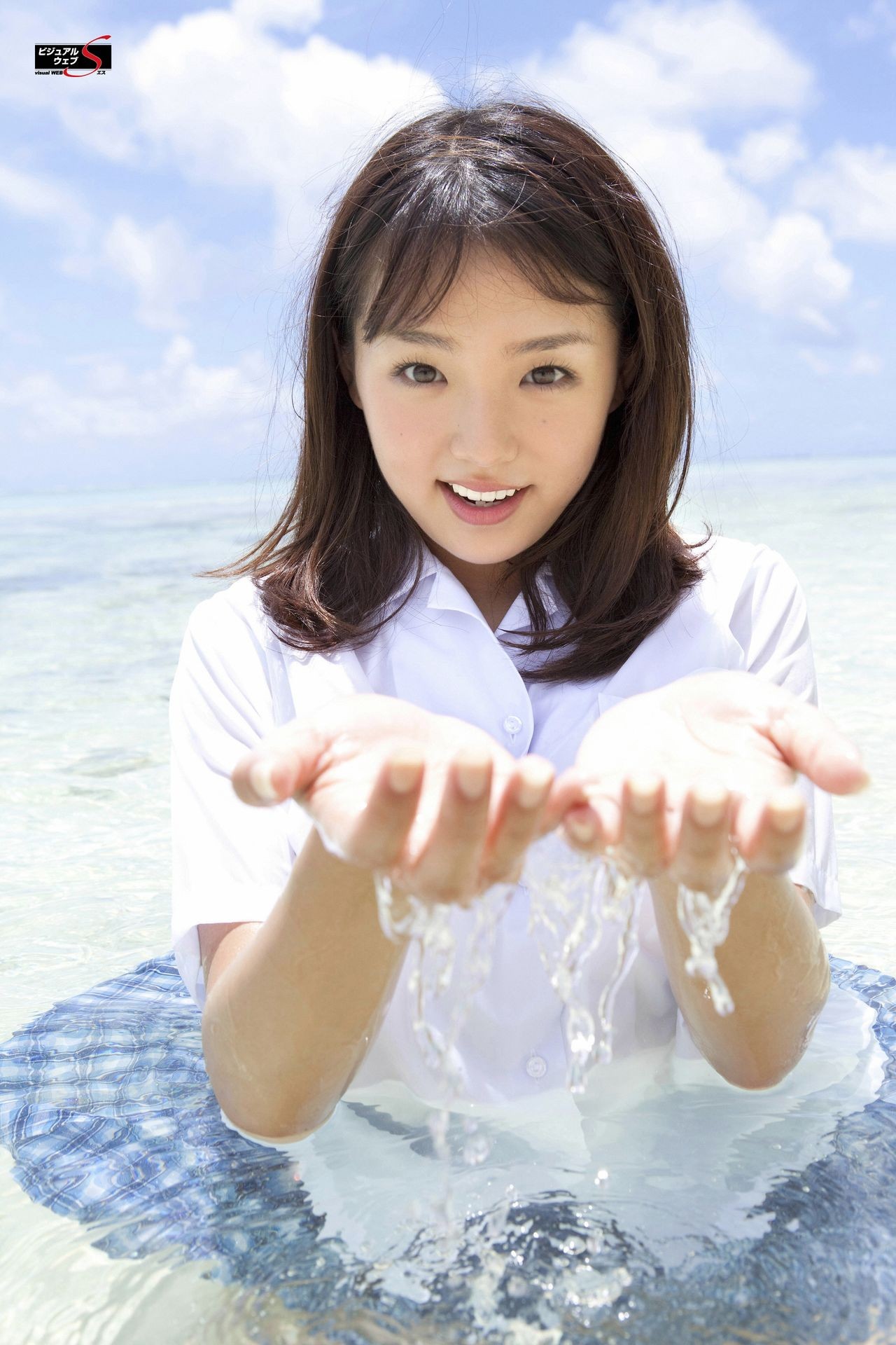 People 1280x1920 Ai Shinozaki Asian women black hair brown eyes sea water open mouth smiling looking at viewer model