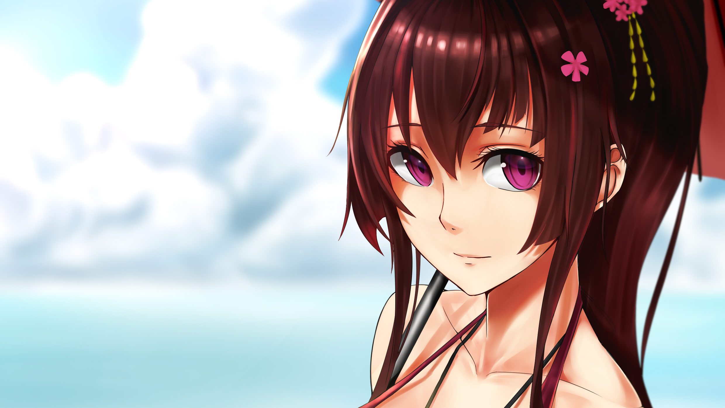 Anime 2480x1395 Kantai Collection anime girls anime face brunette purple eyes Yamato (KanColle) looking at viewer flower in hair blue background