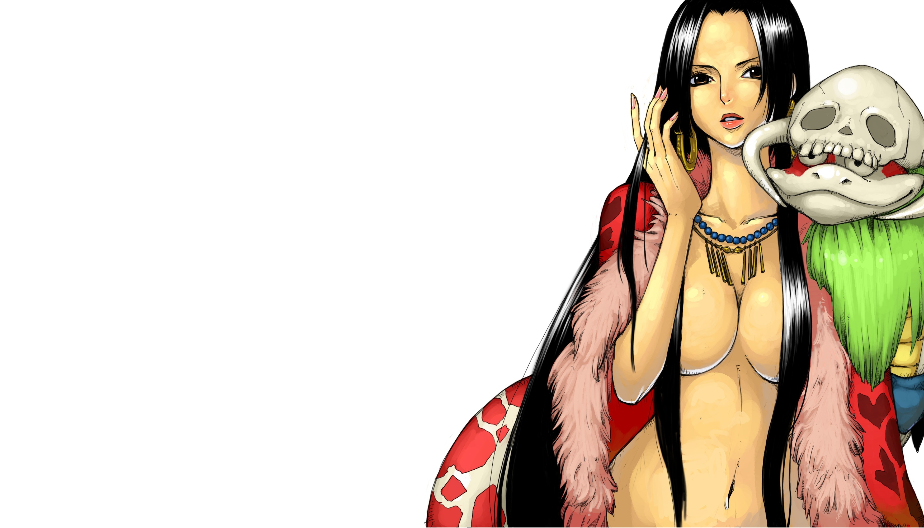Anime 3500x2000 Boa Hancock anime girls anime skull boobs simple background white background dark hair long hair big boobs belly black hair painted nails pink nails standing hair over nipples