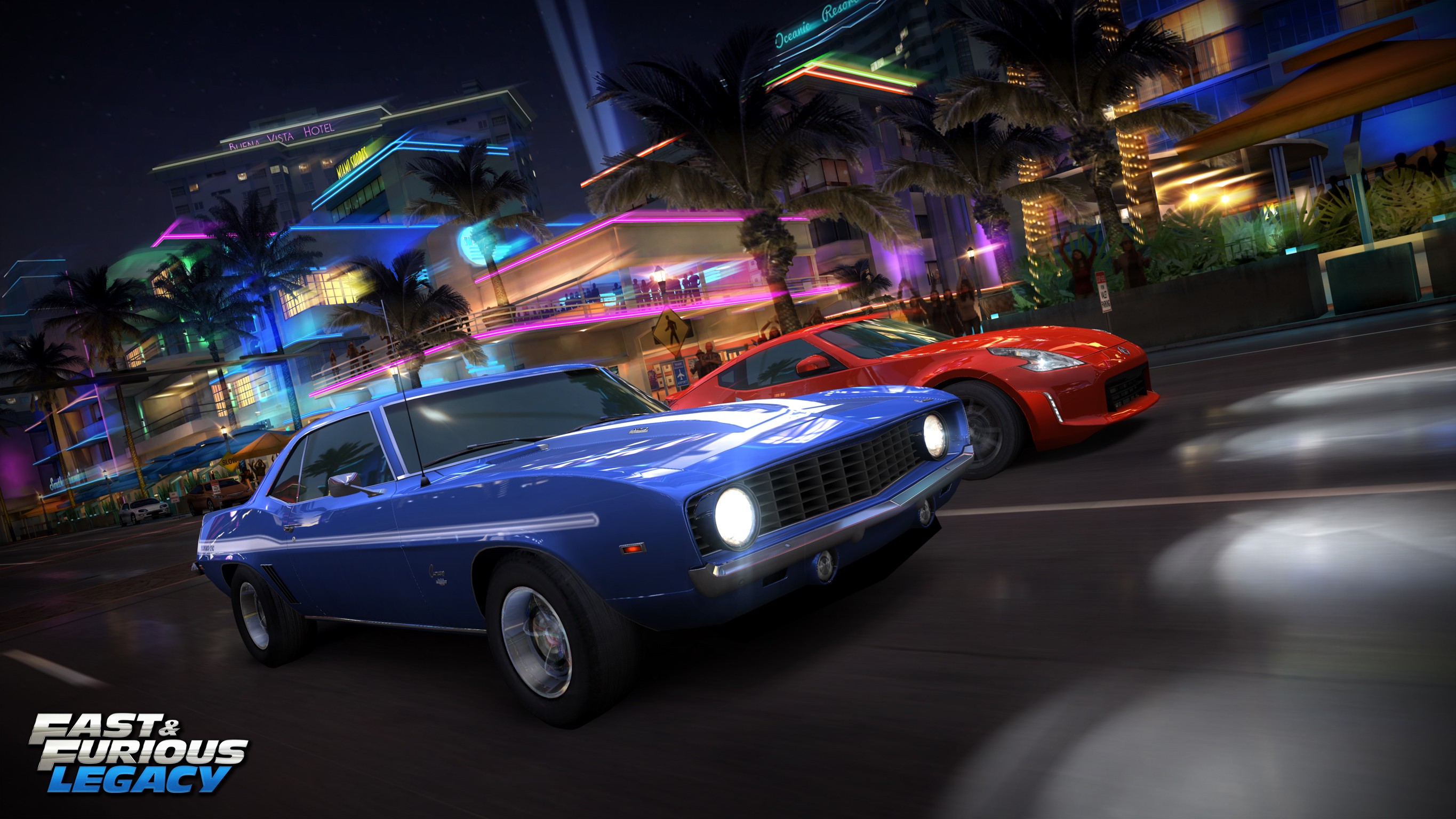 General 2730x1536 video games Fast & Furious: Legacy PC gaming blue cars racing red cars car vehicle city night asphalt