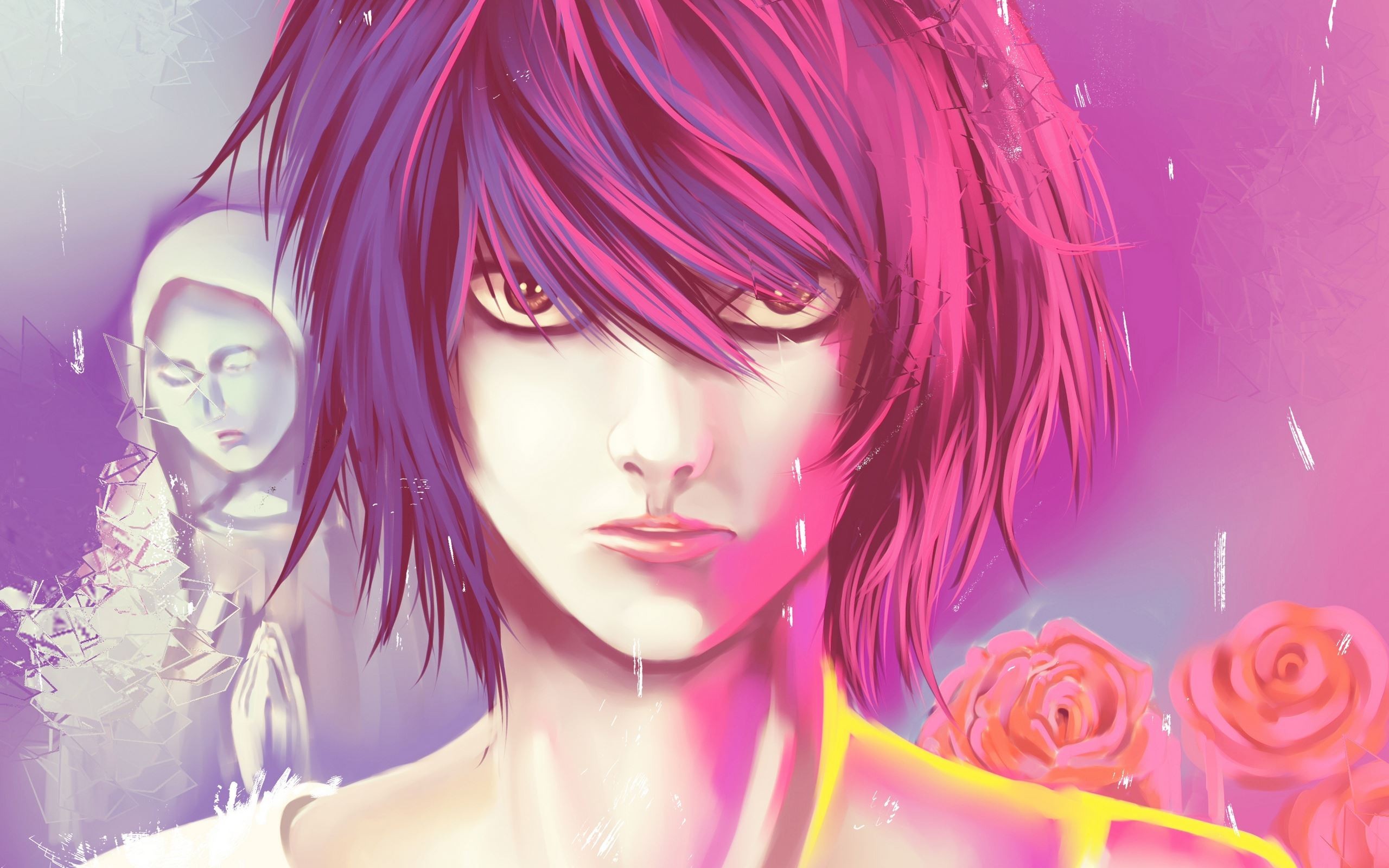Anime 2560x1600 anime Death Note anime girls face statue women closeup pink hair rain flowers looking at viewer portrait
