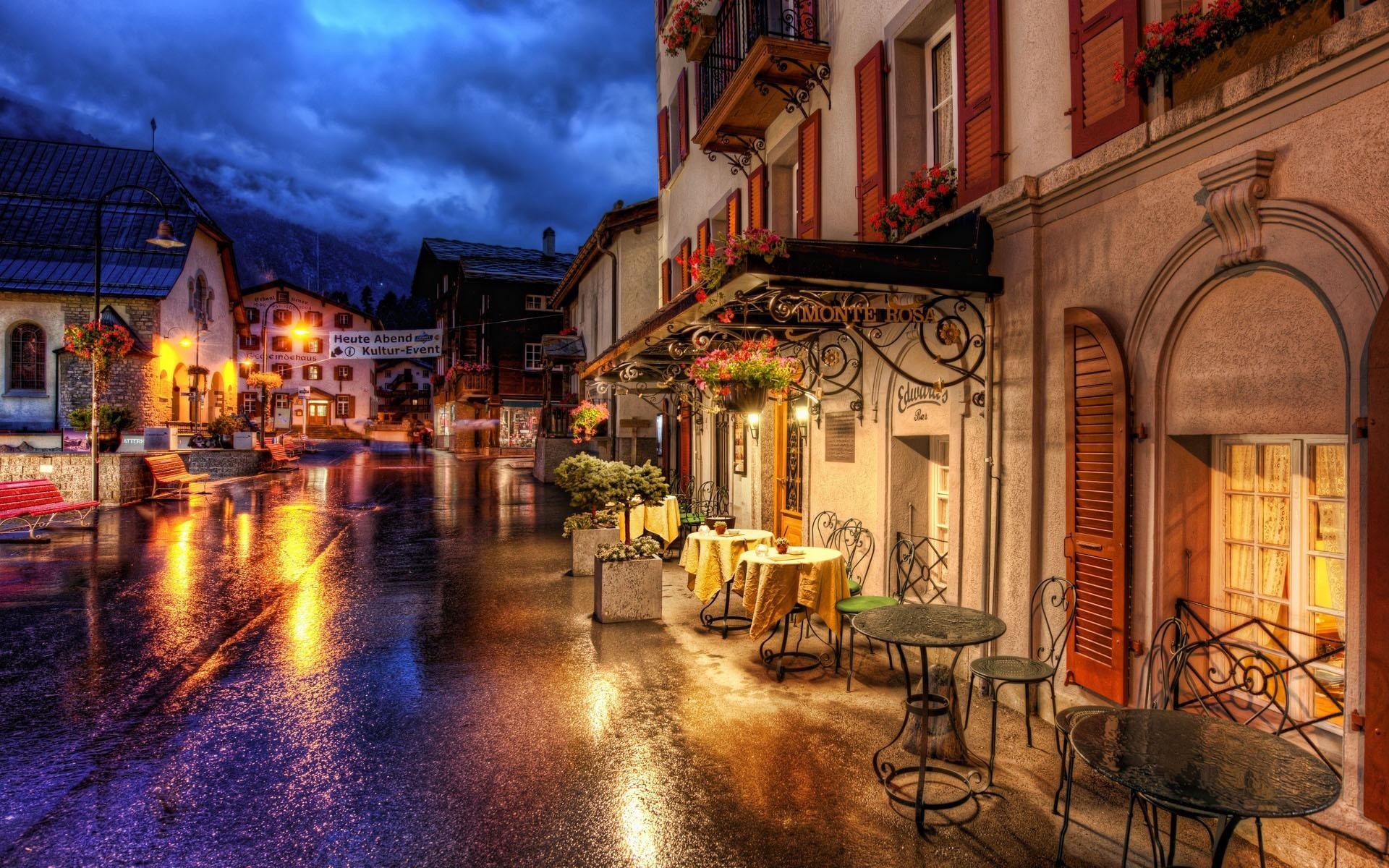 General 1920x1200 city rain HDR village Alps overcast cityscape lights street Zermatt wet street low light Switzerland