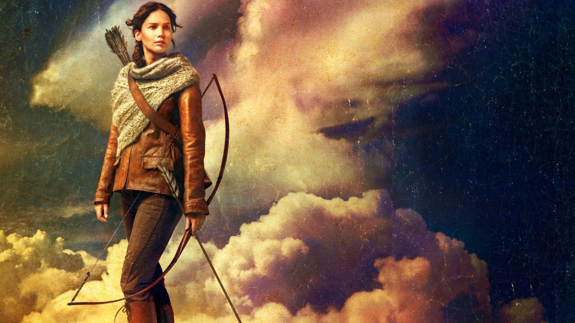 People 1920x1080 The Hunger Games movies Jennifer Lawrence women Katniss Everdeen bow standing sky clouds American women