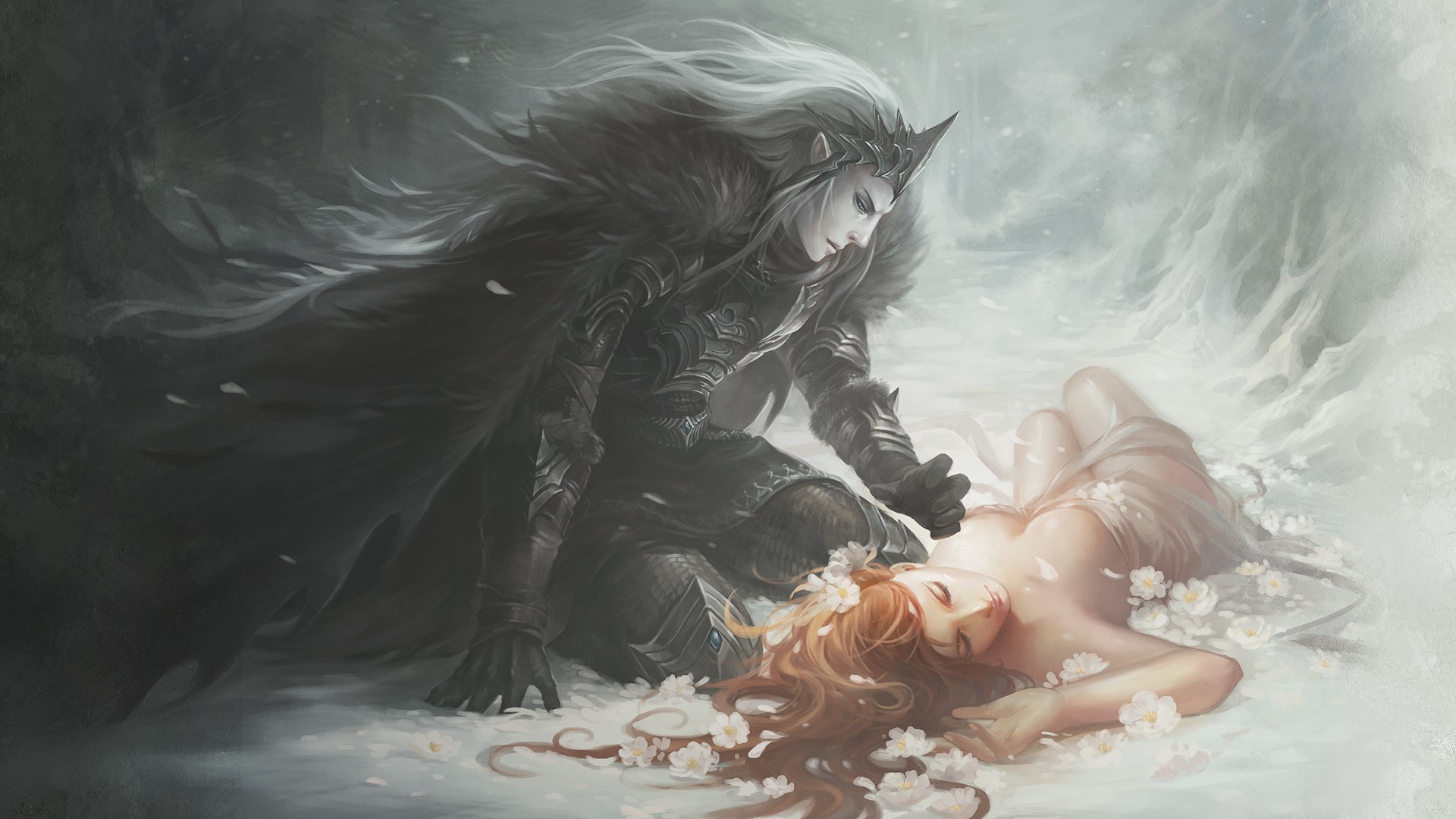 General 1920x1080 fantasy art redhead snow Hades DeviantArt fantasy girl death love lying down