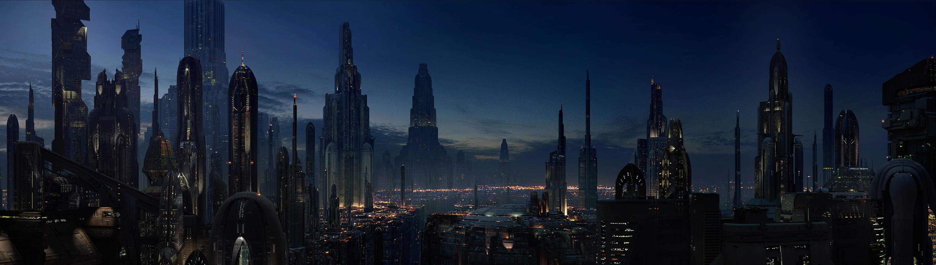 General 3840x1090 multiple display Star Wars Coruscant futuristic city cityscape science fiction city lights