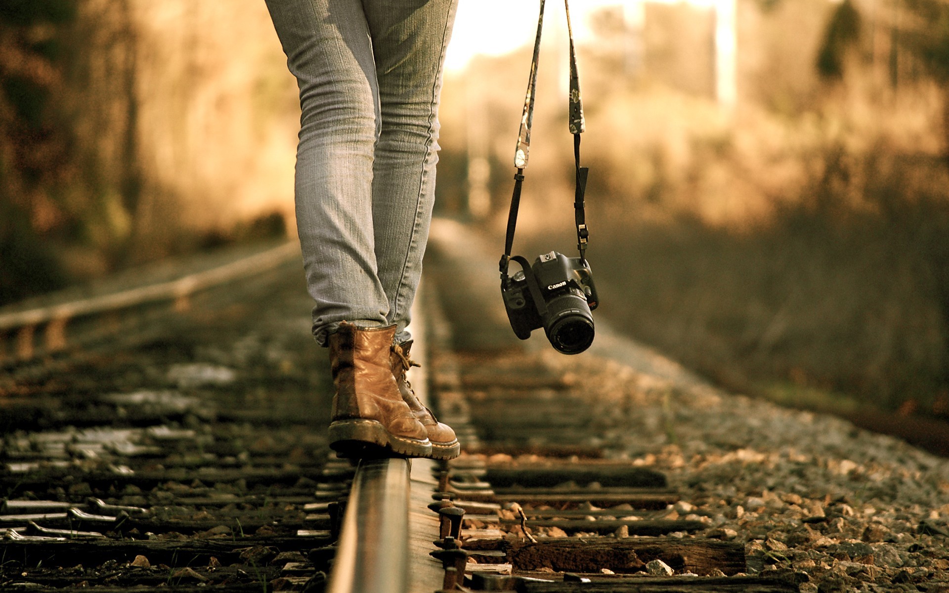 People 1920x1200 women camera railway Canon women outdoors photographer technology boots metal brown boots grey pants
