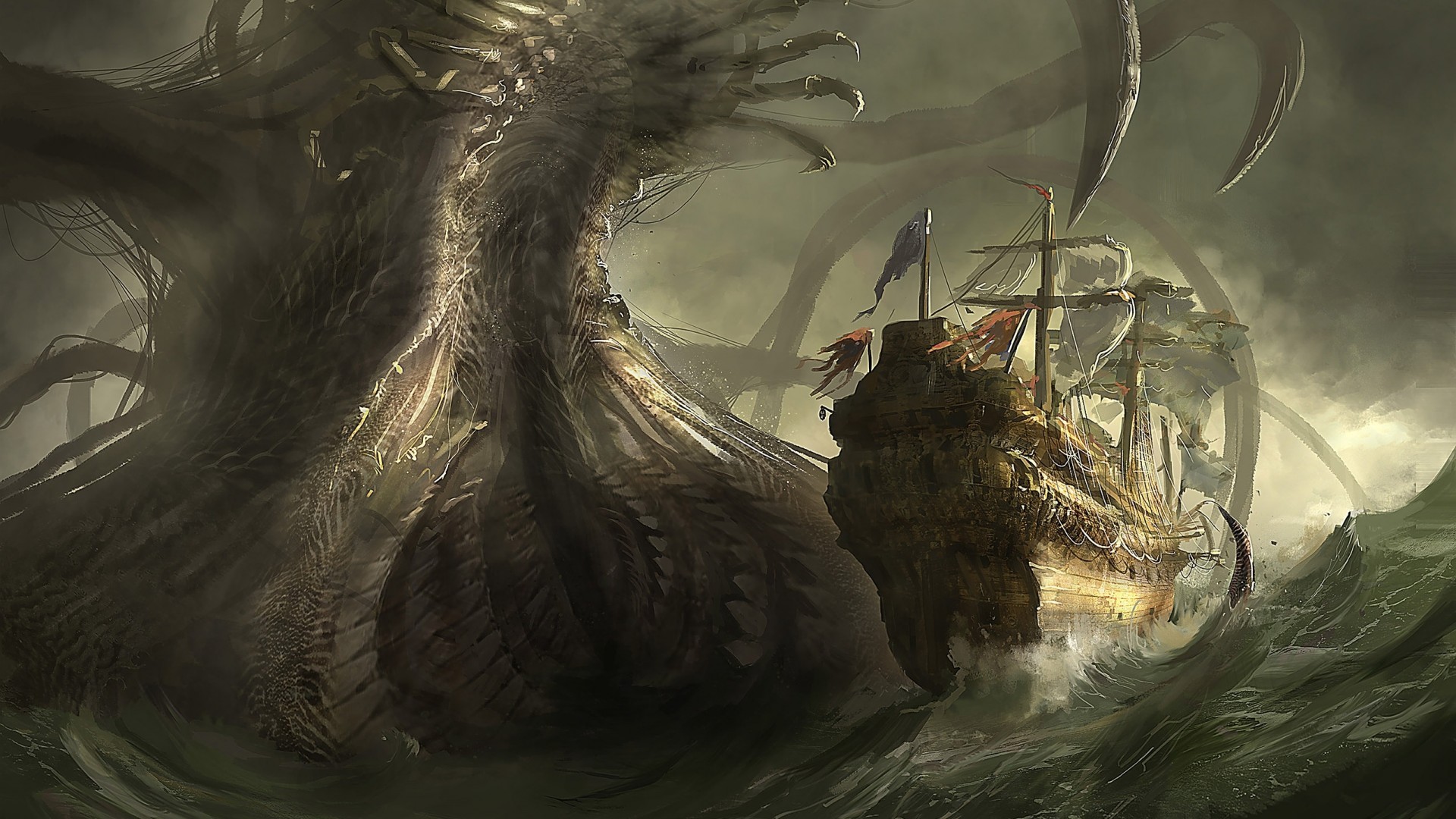 General 1920x1080 fantasy art sea monsters ship sea creature