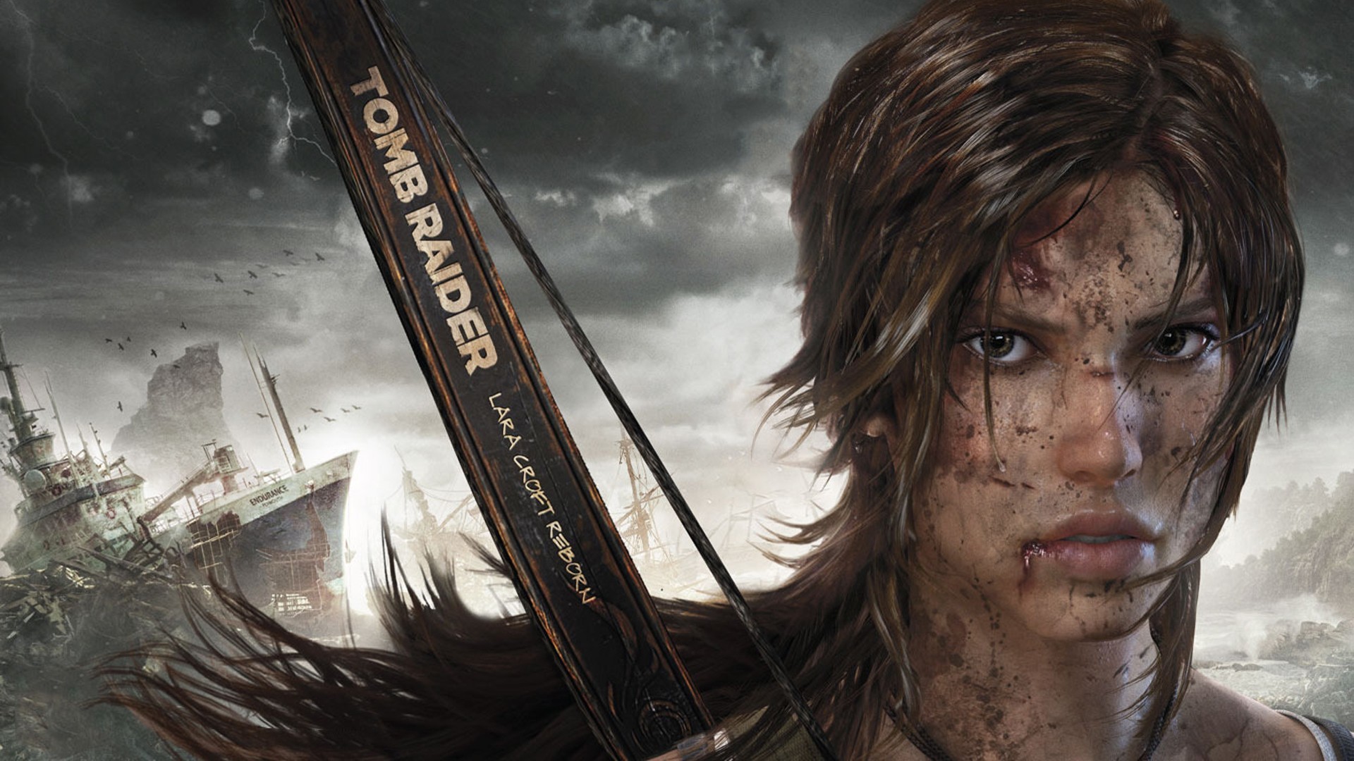 General 1920x1080 Tomb Raider video games video game art brunette blood shipwreck sky storm looking at viewer video game girls women scars bow Lara Croft (Tomb Raider) Tomb Raider (2013) wounds face closeup video game characters