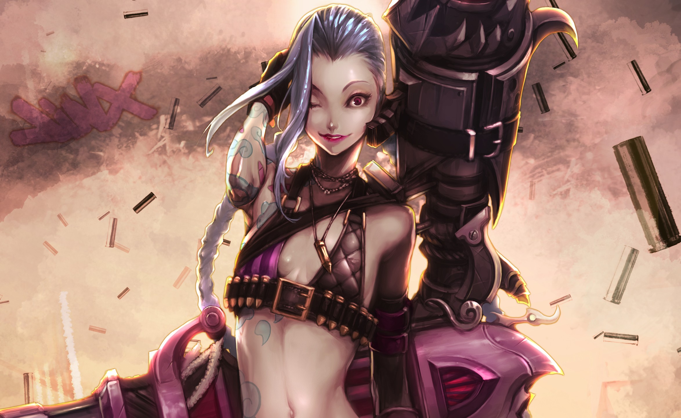 General 2348x1442 League of Legends Jinx (League of Legends) fantasy girl fantasy art PC gaming belly one eye closed red eyes video game girls video game characters video game art