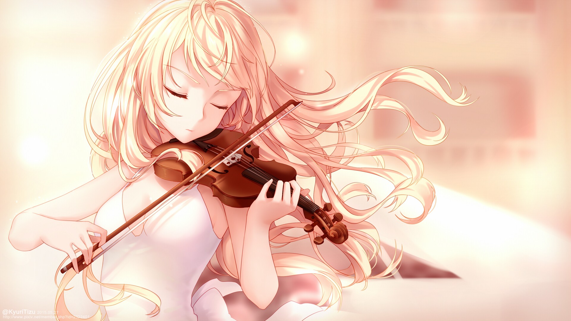 Anime 1920x1080 anime anime girls Shigatsu wa Kimi no Uso Miyazono Kaori violin blonde closed eyes musical instrument long hair music