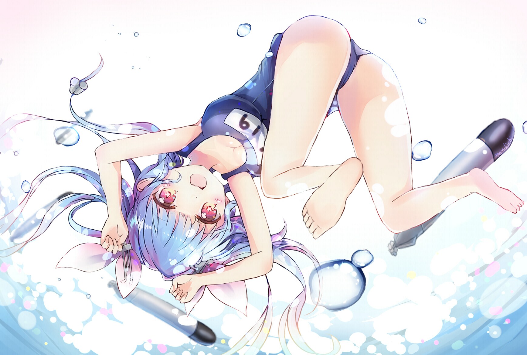 Anime 1736x1169 I-19 (KanColle)  Kantai Collection school swimsuits anime ass barefoot underwater in water cyan hair anime girls long hair swimwear bright