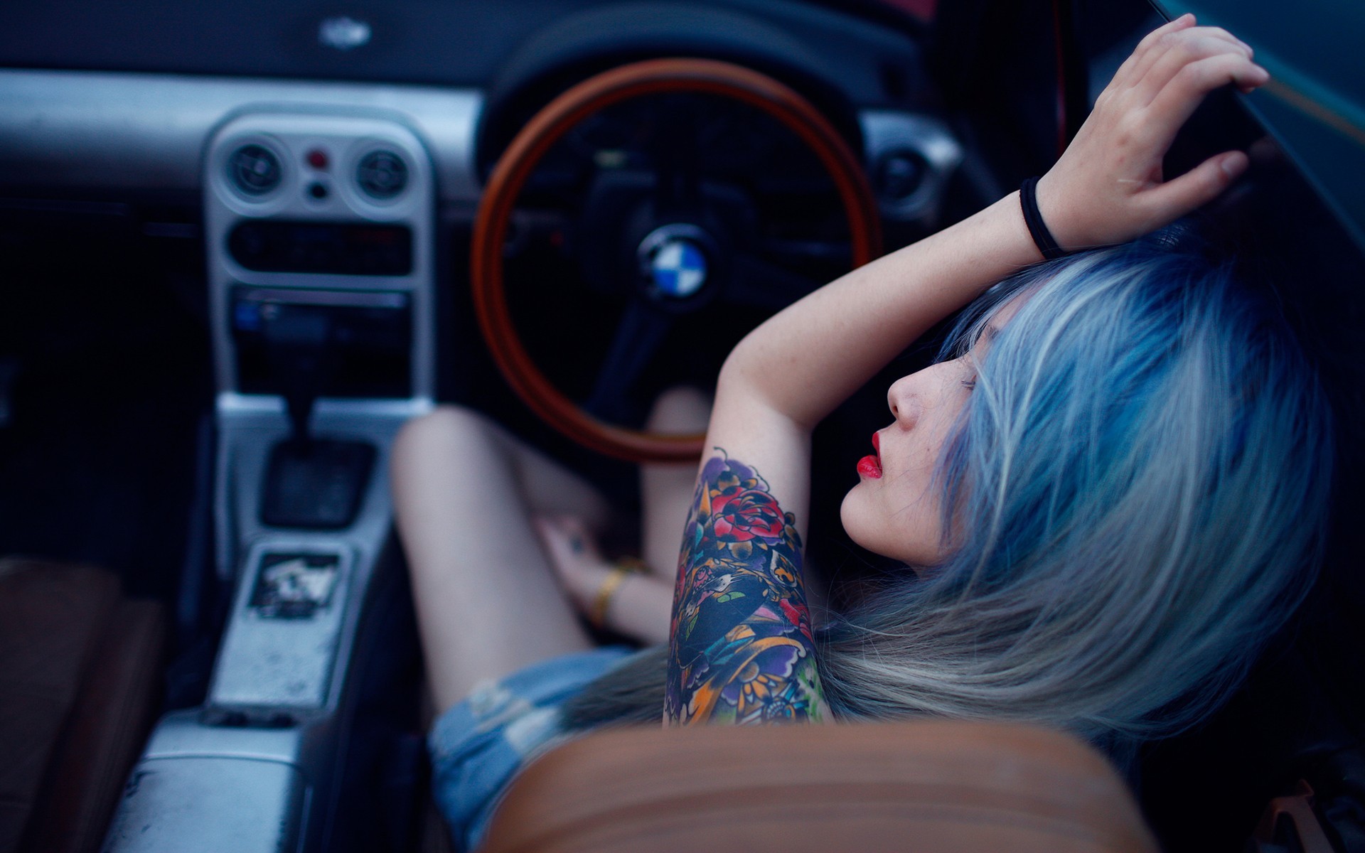 People 1920x1200 tattoo blue hair Japanese dyed hair women car interior car vehicle women with cars inked girls sitting model Asian red lipstick