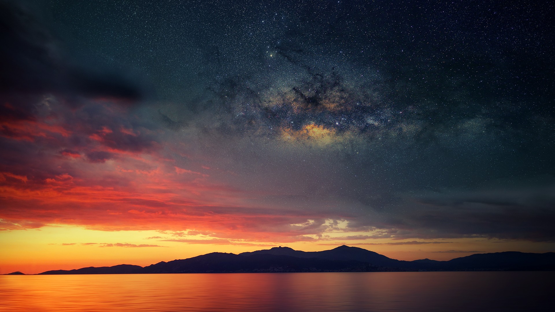 General 1920x1080 Corsica abstract space water sea sunset orange sky sky stars nature