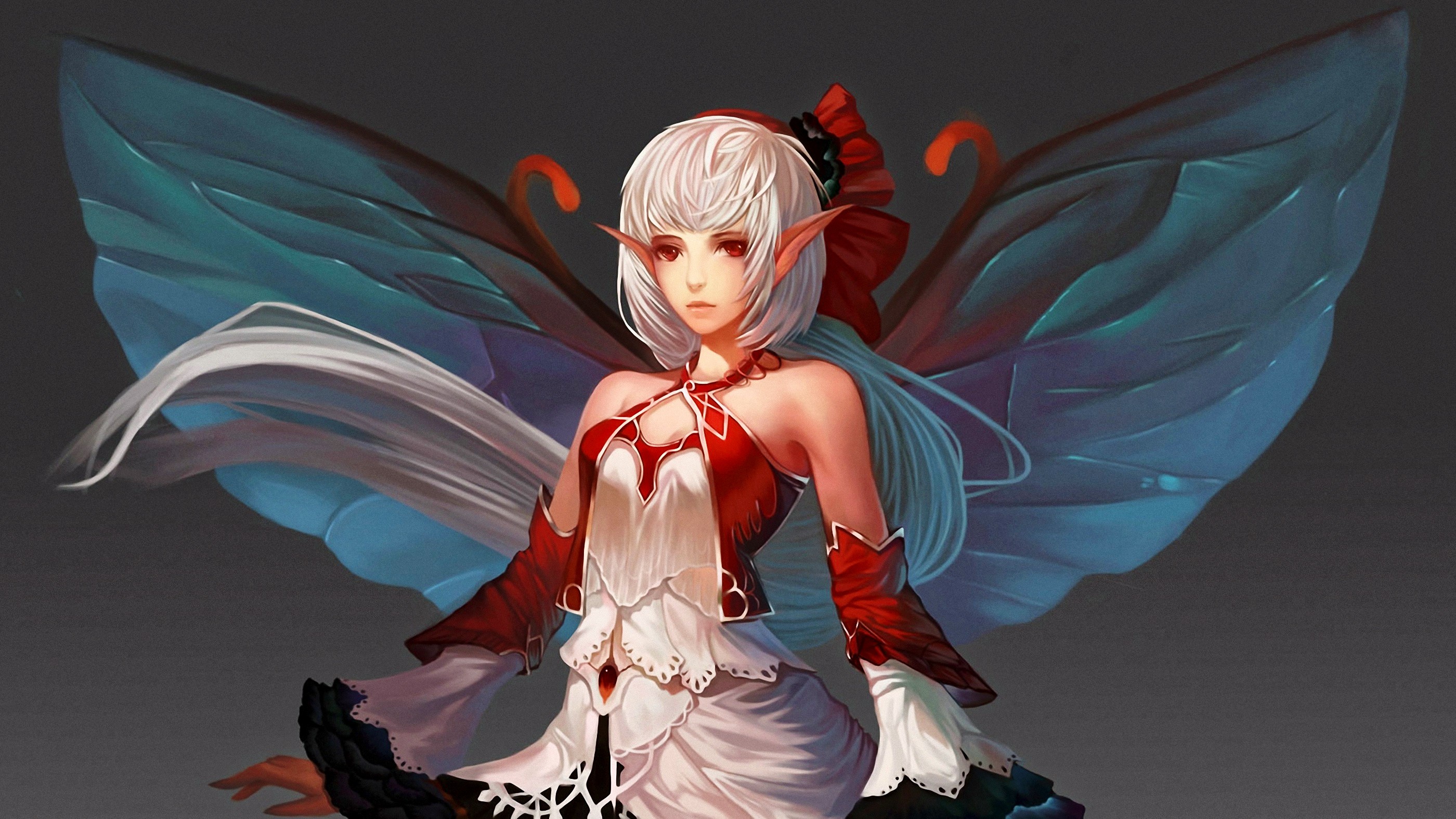 General 2800x1575 fantasy art wings gray background fantasy girl women long hair red eyes pointy ears