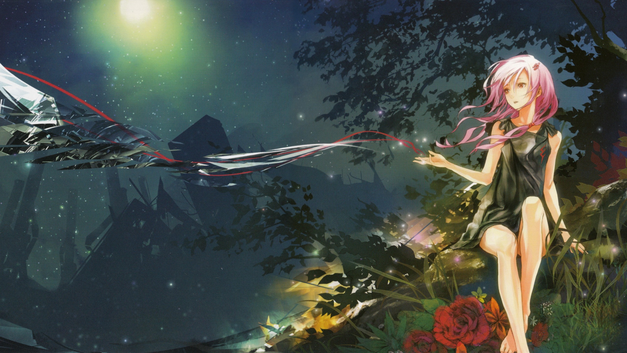 Anime 2560x1440 Guilty Crown Yuzuriha Inori anime anime girls landscape fantasy girl flowers Redjuice sitting legs pink hair night sky Moon plants looking into the distance women outdoors women outdoors