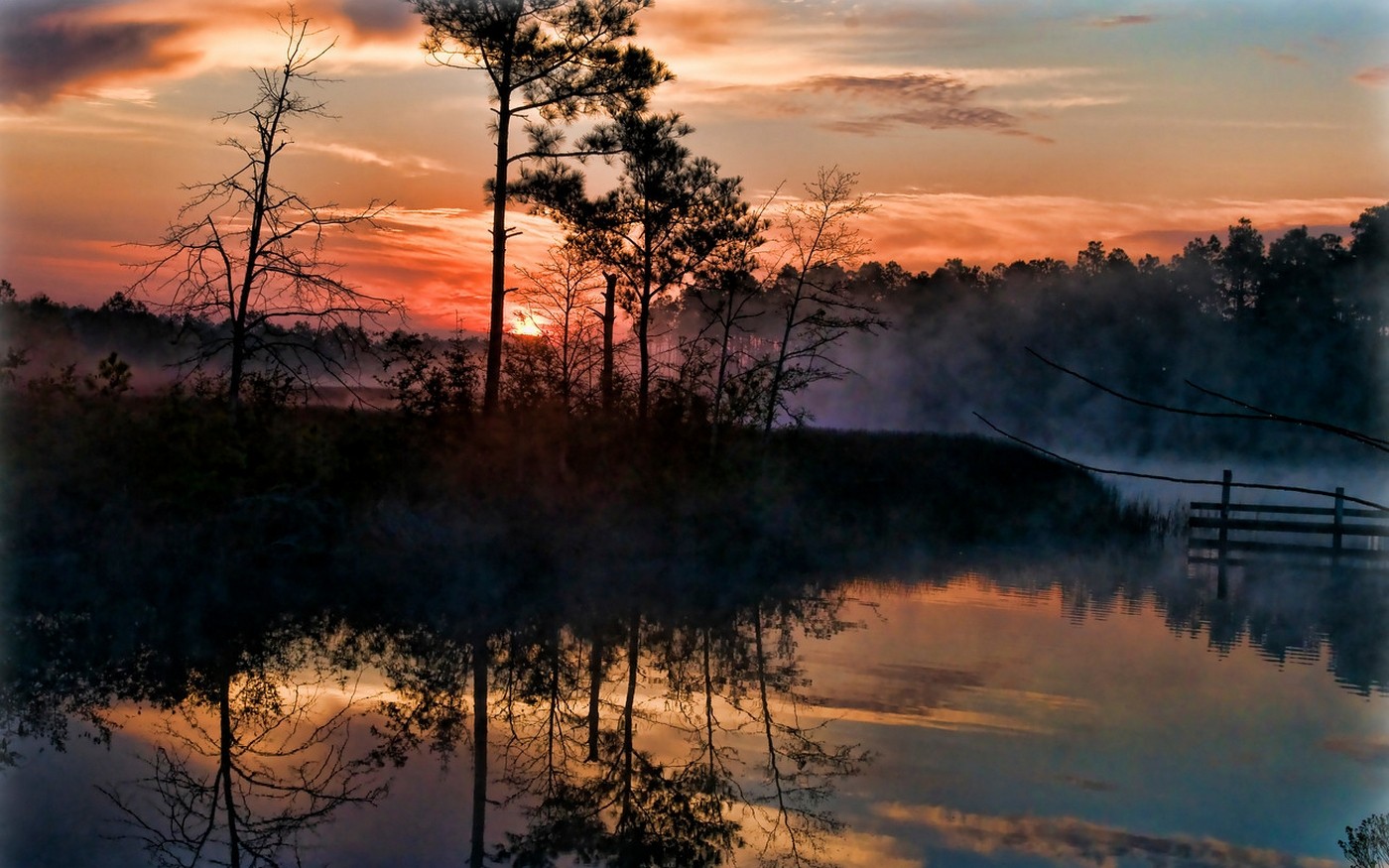 General 1400x875 mist trees swamp reflection nature landscape Florida sky clouds water USA orange sky sunlight