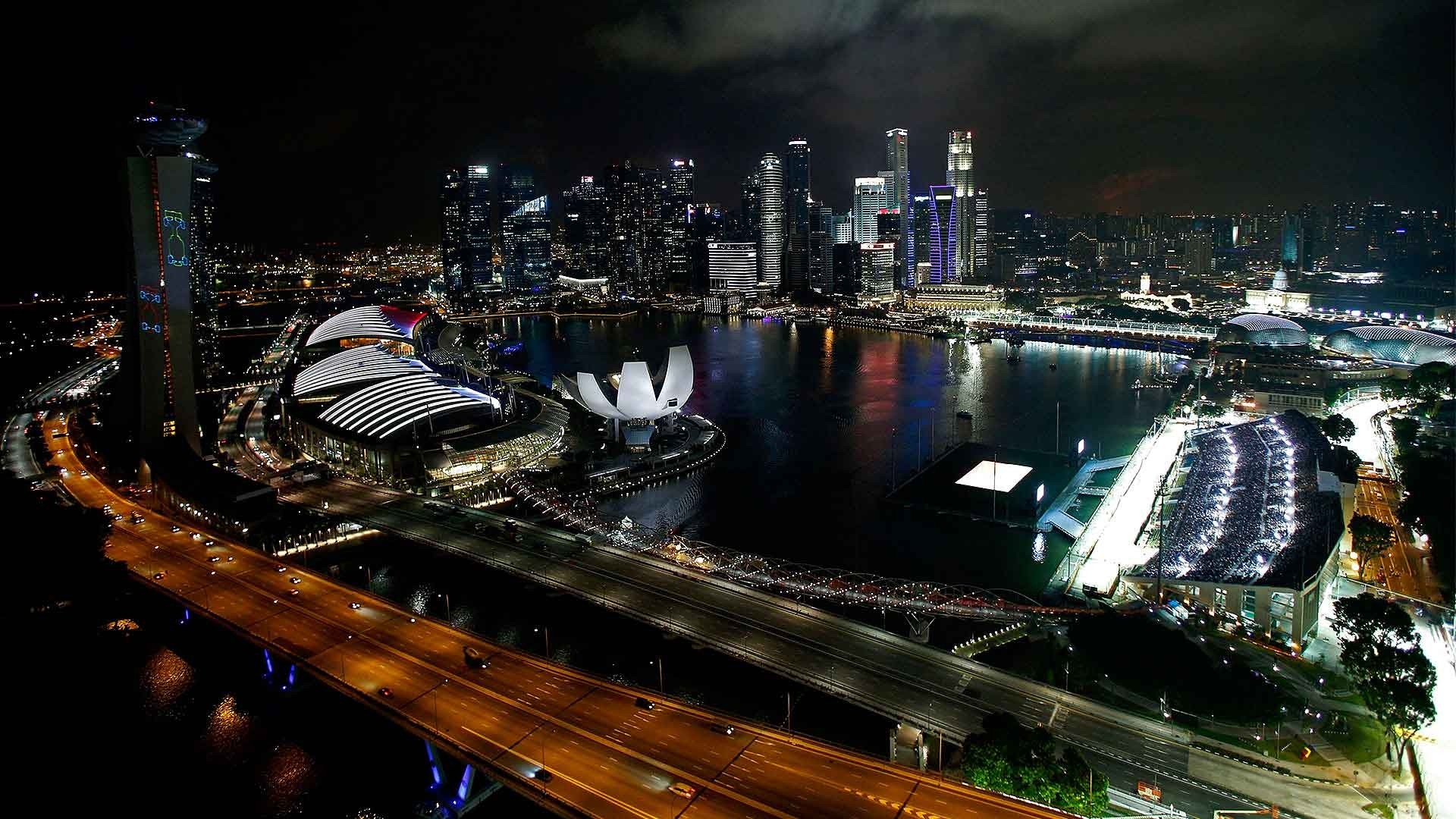 General 1920x1080 Singapore night Formula 1 race cars cityscape skyscraper lights bay urban architecture modern highway Asia city lights