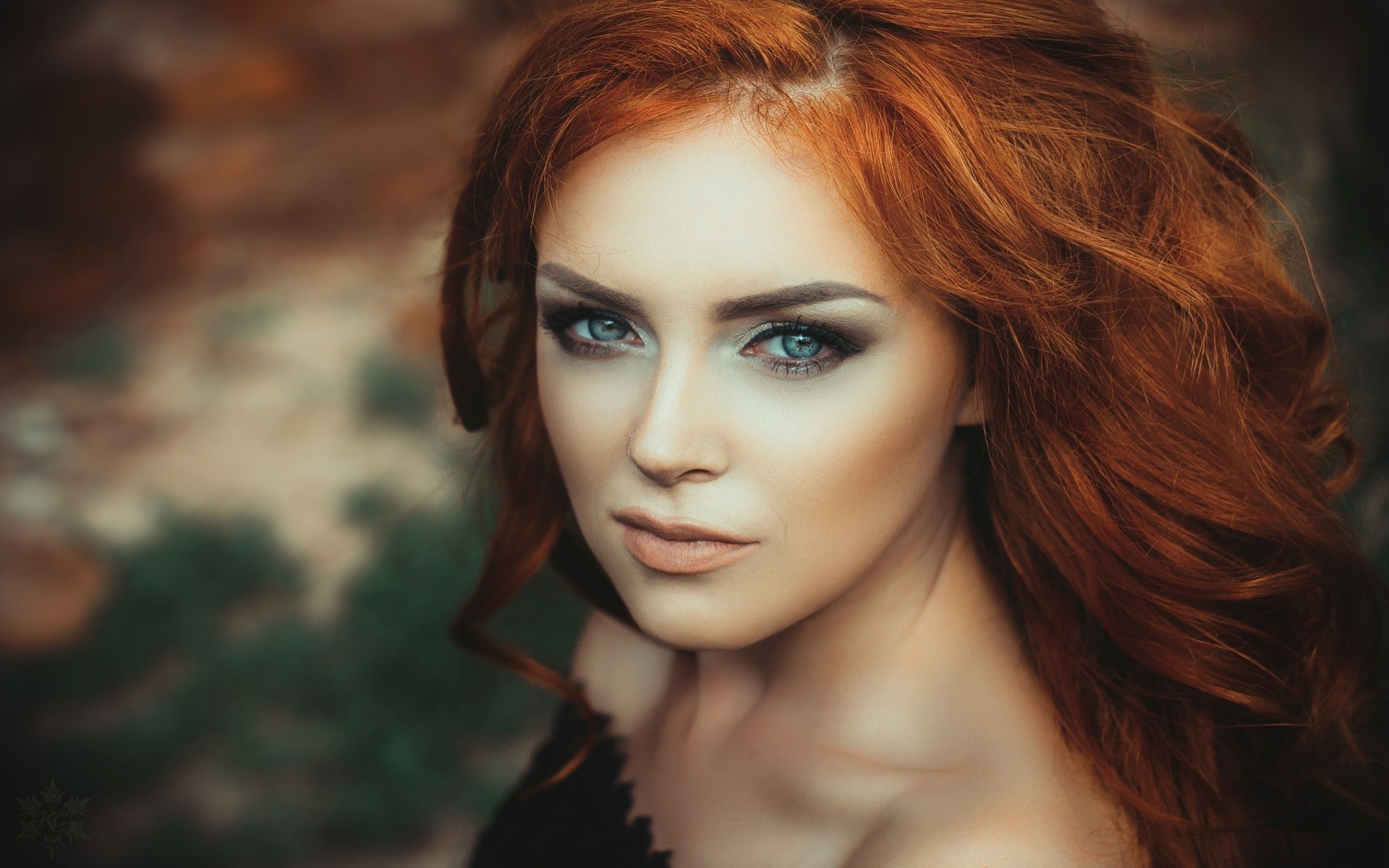 People 1920x1200 women model redhead long hair women outdoors face looking at viewer bare shoulders blue eyes portrait nature depth of field closeup makeup