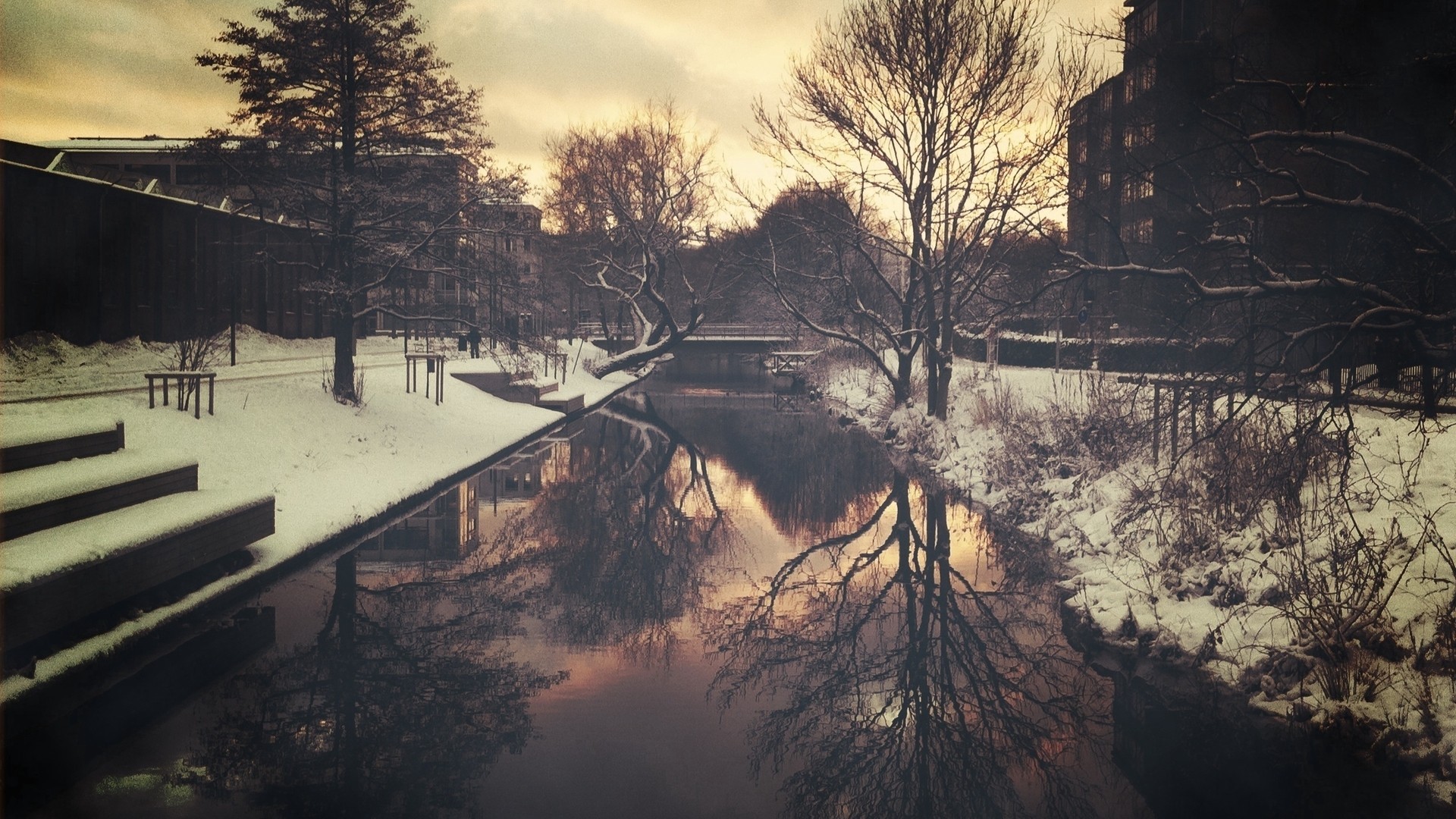 General 1920x1080 snow river trees winter urban outdoors cold reflection sepia