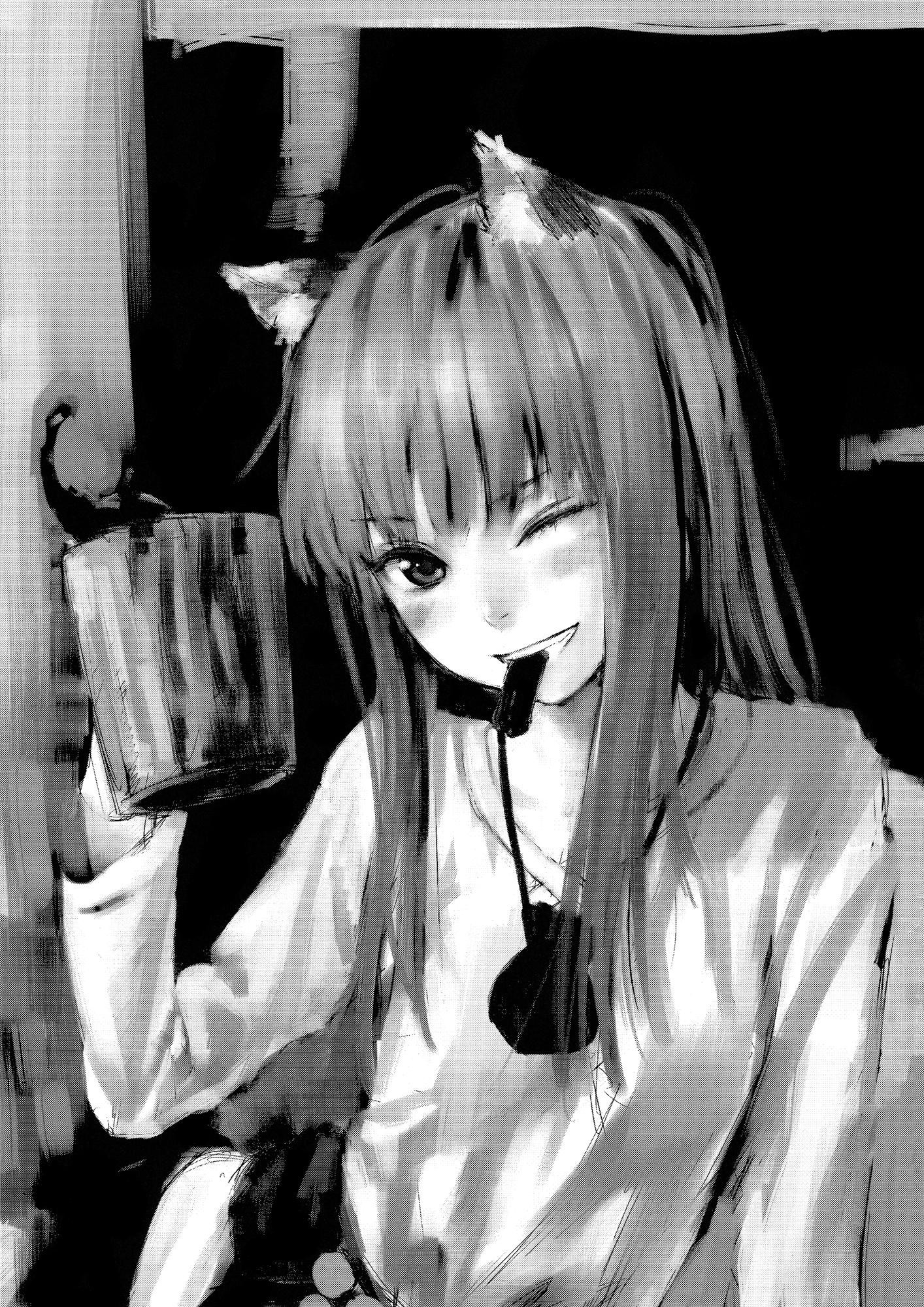 Anime 1414x2000 Spice and Wolf anime girls monochrome one eye closed looking at viewer women anime