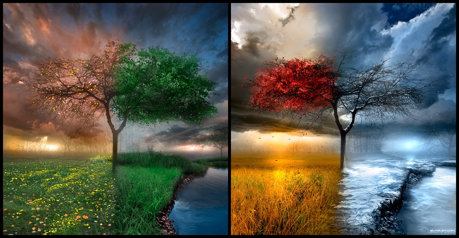 General 1600x831 landscape trees water clouds seasons collage nature artwork winter spring summer fall