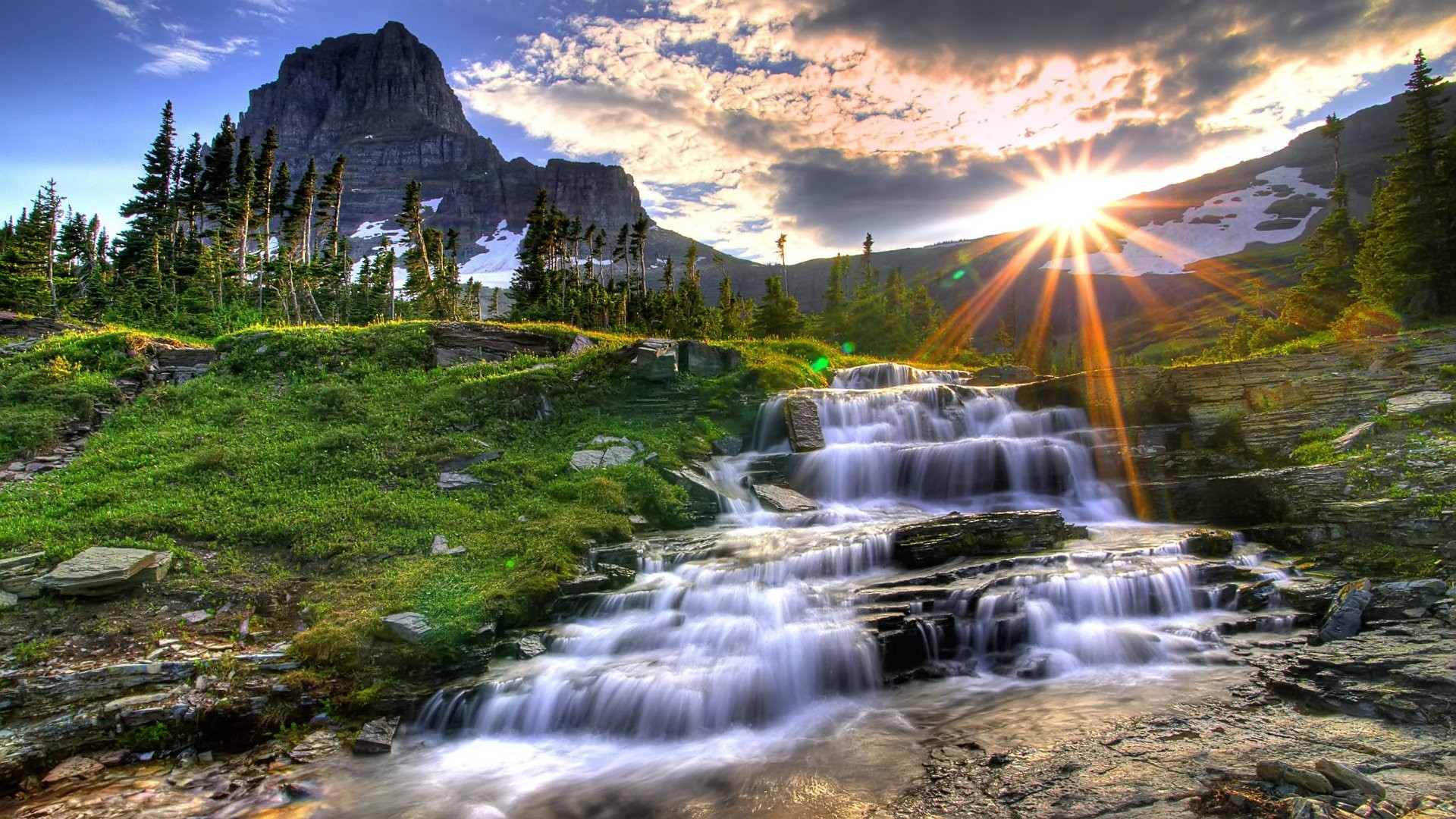 General 1920x1080 landscape water waterfall mountains sunlight sky nature HDR Sun clouds