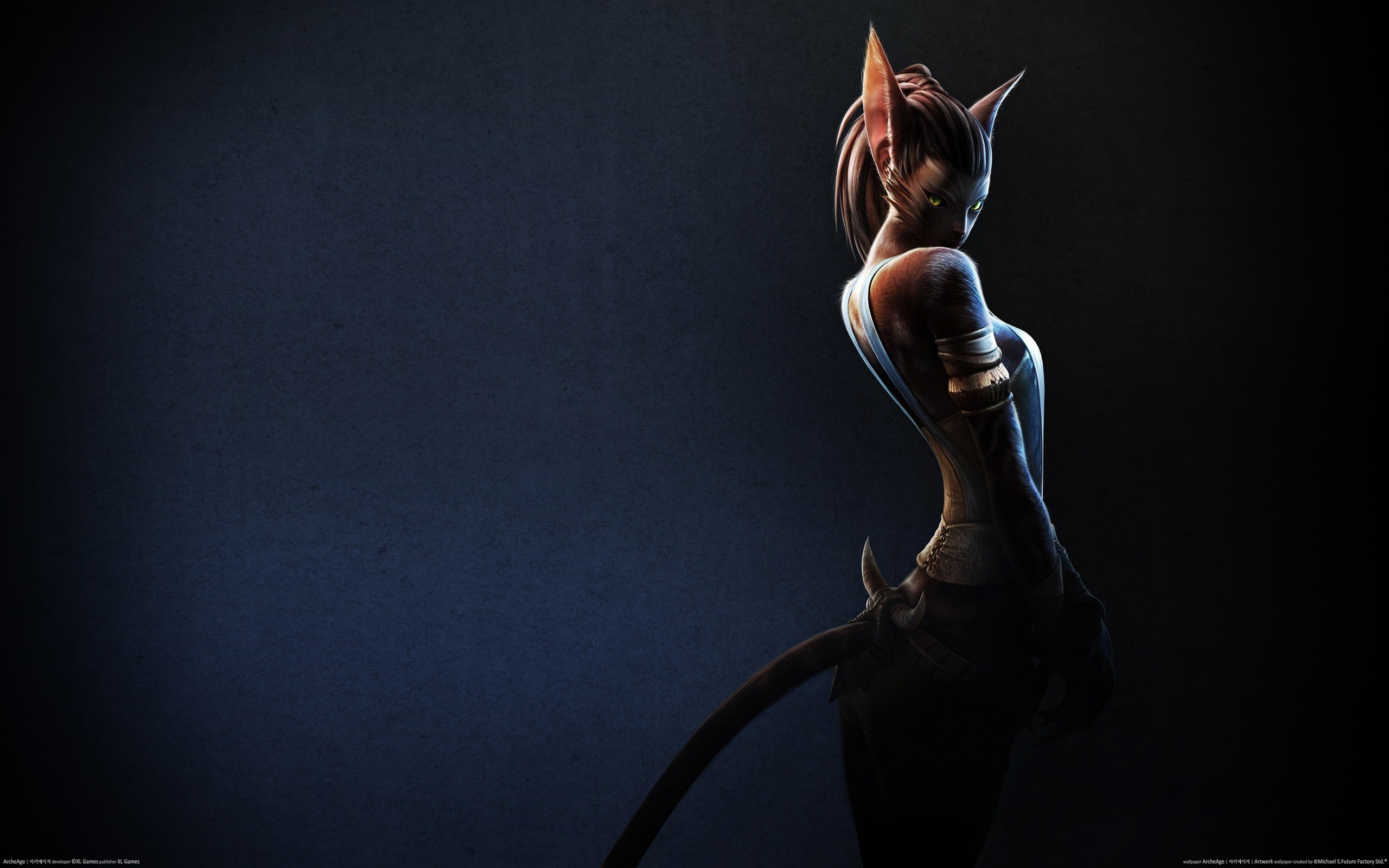 General 2560x1600 Anthro cat ears fantasy girl Archeage animal ears blue background tail shadow on face