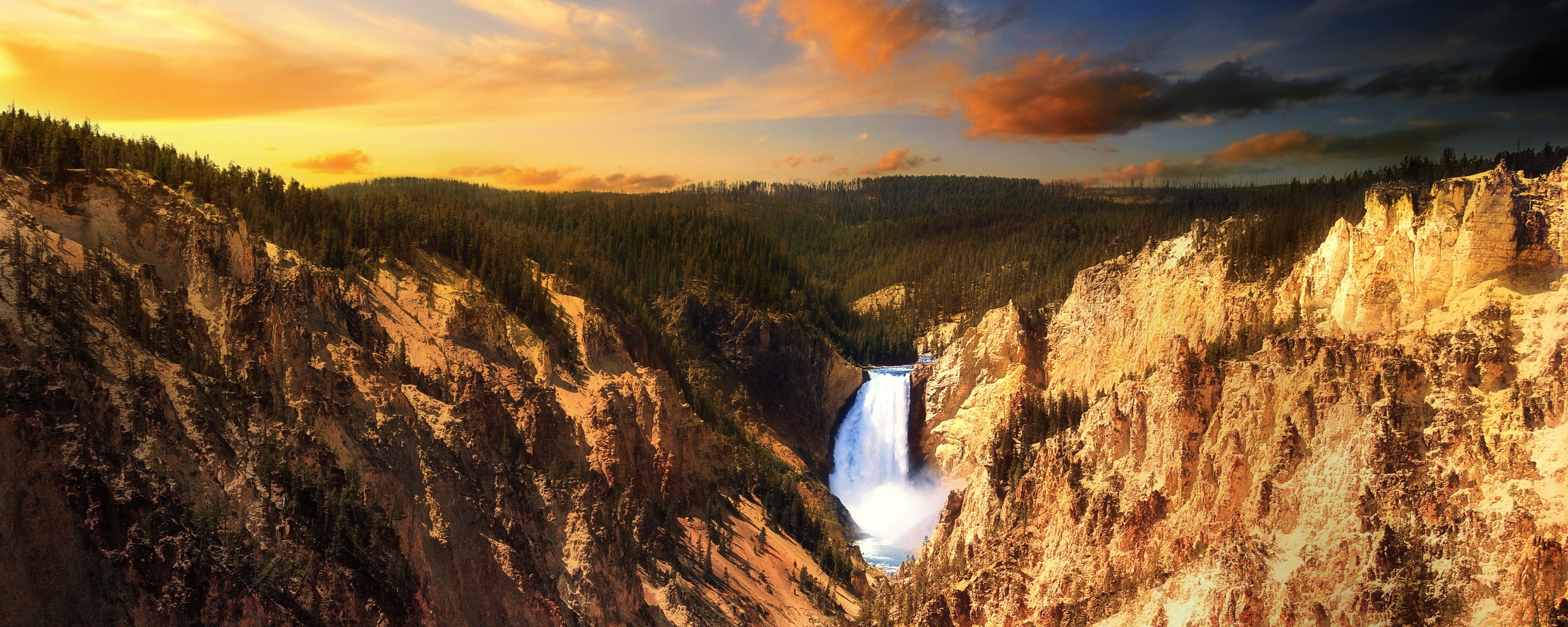 General 2560x1024 Yellowstone National Park landscape waterfall USA nature sky rocks rock formation