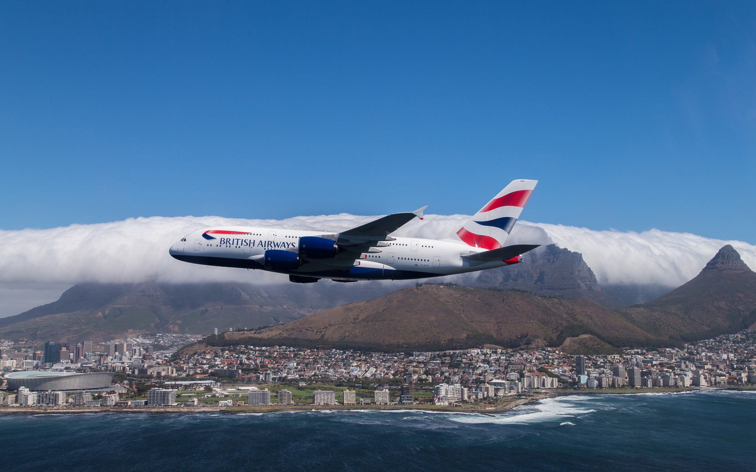 General 2500x1562 aircraft airplane Airbus Airbus A380 Cape Town city british airways passenger aircraft vehicle cityscape Table Mountain South Africa sea flying mountains clouds side view