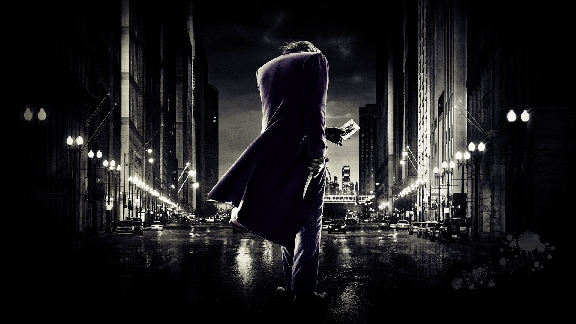 General 1920x1080 Joker selective coloring Batman The Dark Knight dark wet street city movies villains Heath Ledger actor deceased Australian DC Comics Warner Brothers Christopher Nolan