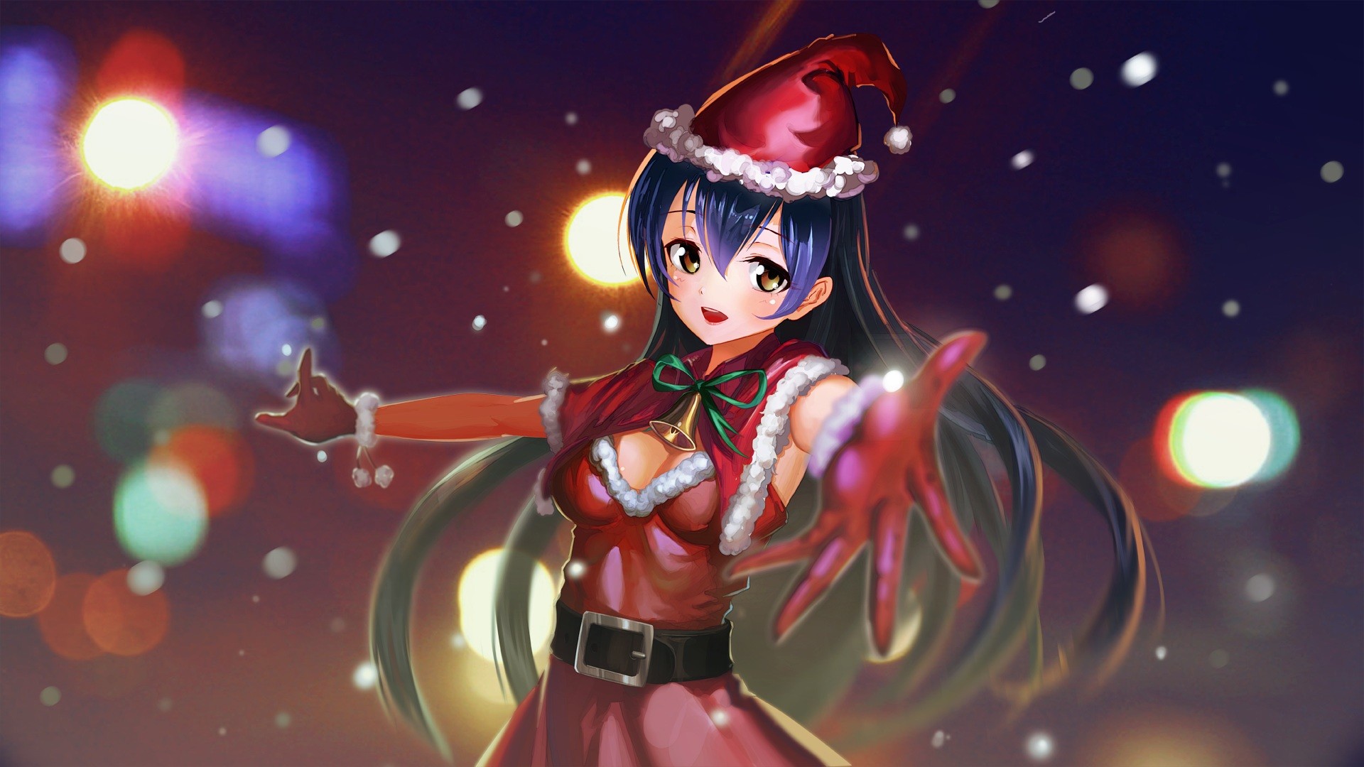 Anime 1920x1080 Sonoda Umi anime girls Christmas Santa hats anime Love Live! holiday open mouth long hair