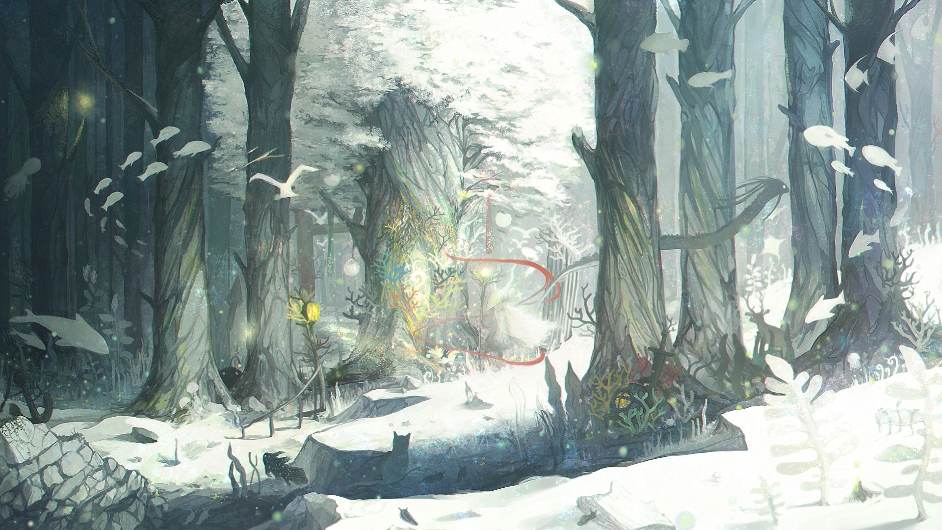Anime 1920x1080 fantasy art digital art winter trees forest cold snow