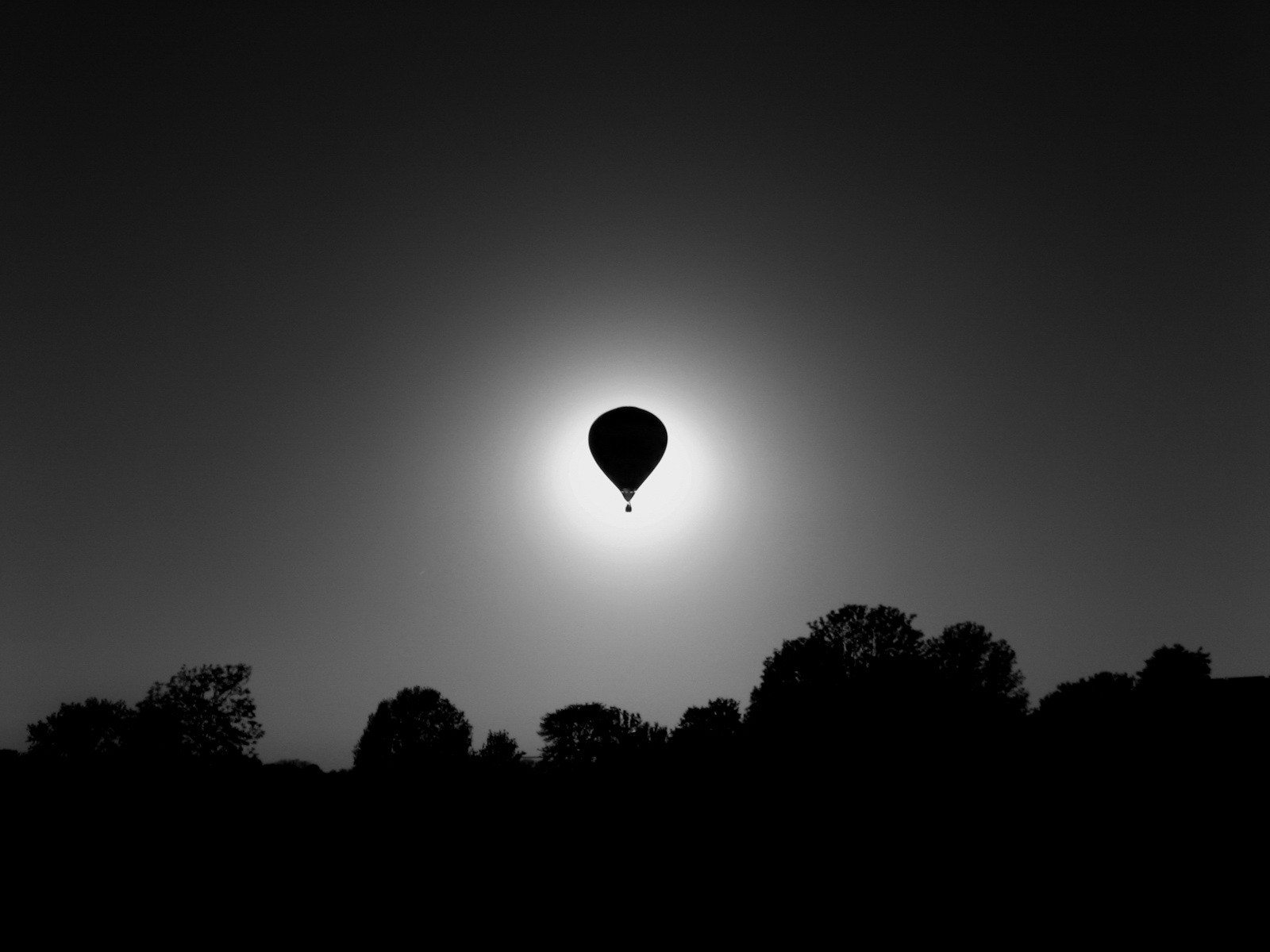 General 1600x1200 monochrome dark Sun vehicle hot air balloons eclipse  trees sky