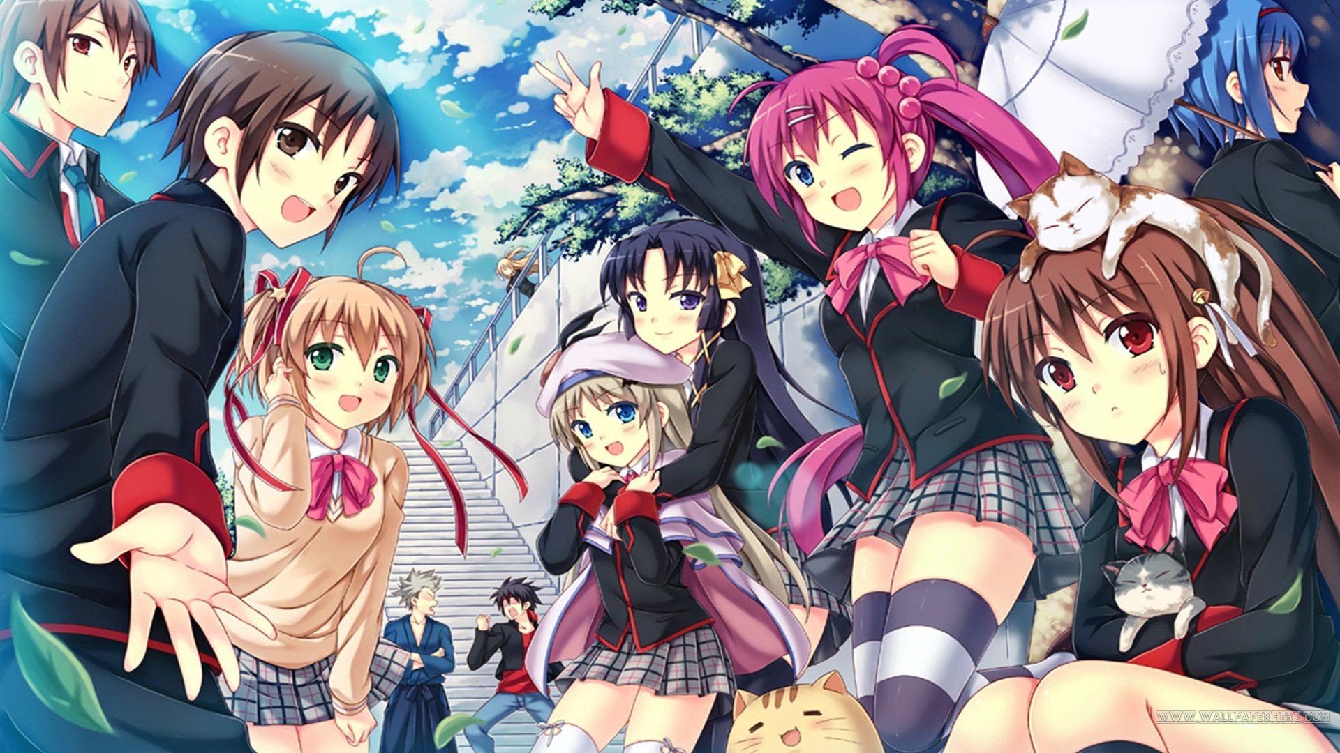 Anime 1920x1080 anime anime girls Little Busters! group of women anime boys hand gesture open mouth blue eyes pink hair striped stockings stockings green eyes purple eyes red eyes women with umbrella umbrella miniskirt