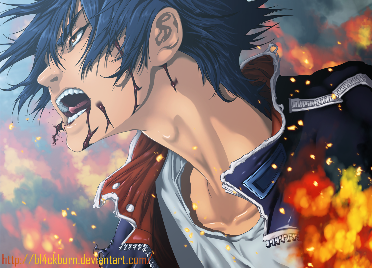 Anime 1527x1100 anime manga Air Gear Minami Itsuki men open mouth angry face blood DeviantArt blue hair anime boys