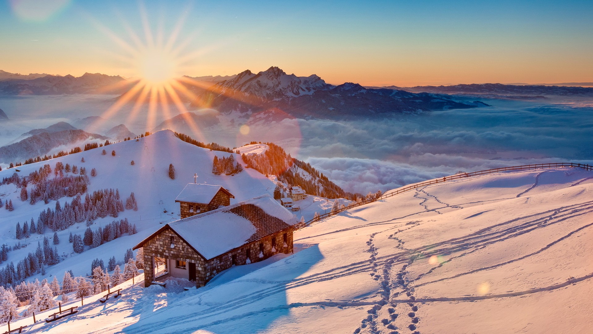 General 1920x1080 landscape snow mountains cabin Switzerland nature winter sunlight Alps Sun house