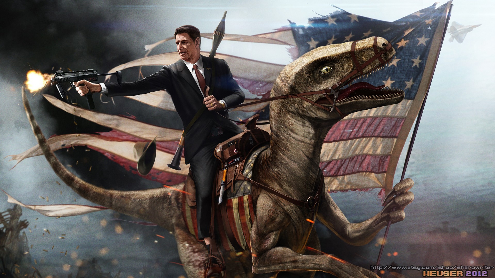 General 1920x1080 humor digital art Ronald Reagan flag dinosaurs gun