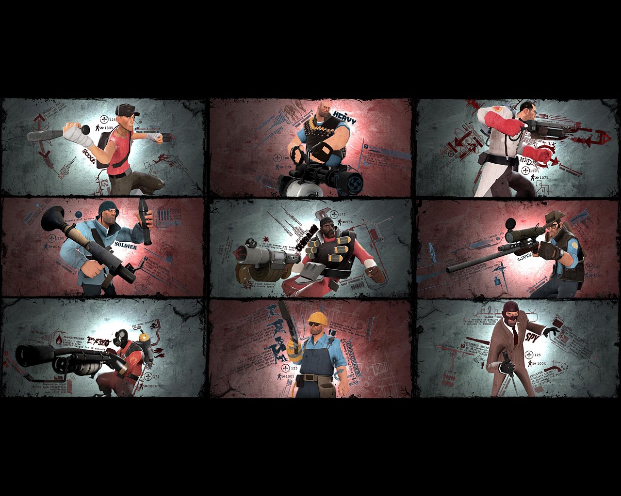 General 1280x1024 video games Team Fortress 2 medicine Sniper (TF2) Heavy (TF2) Pyro (TF2) Spy (character) Soldier (TF2) collage PC gaming video game art Valve Corporation