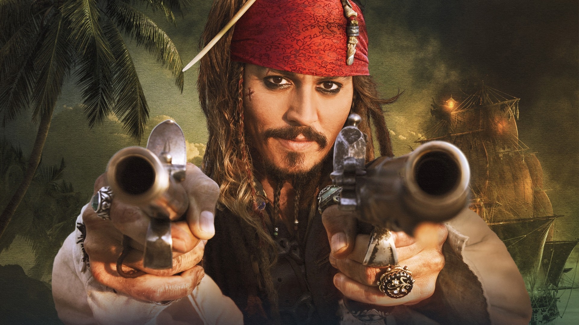 People 1920x1080 Jack Sparrow Pirates of the Caribbean Johnny Depp pirates movies gun weapon actor Pirates of the Caribbean: Dead Men Tell No Tales dual wield at gunpoint men