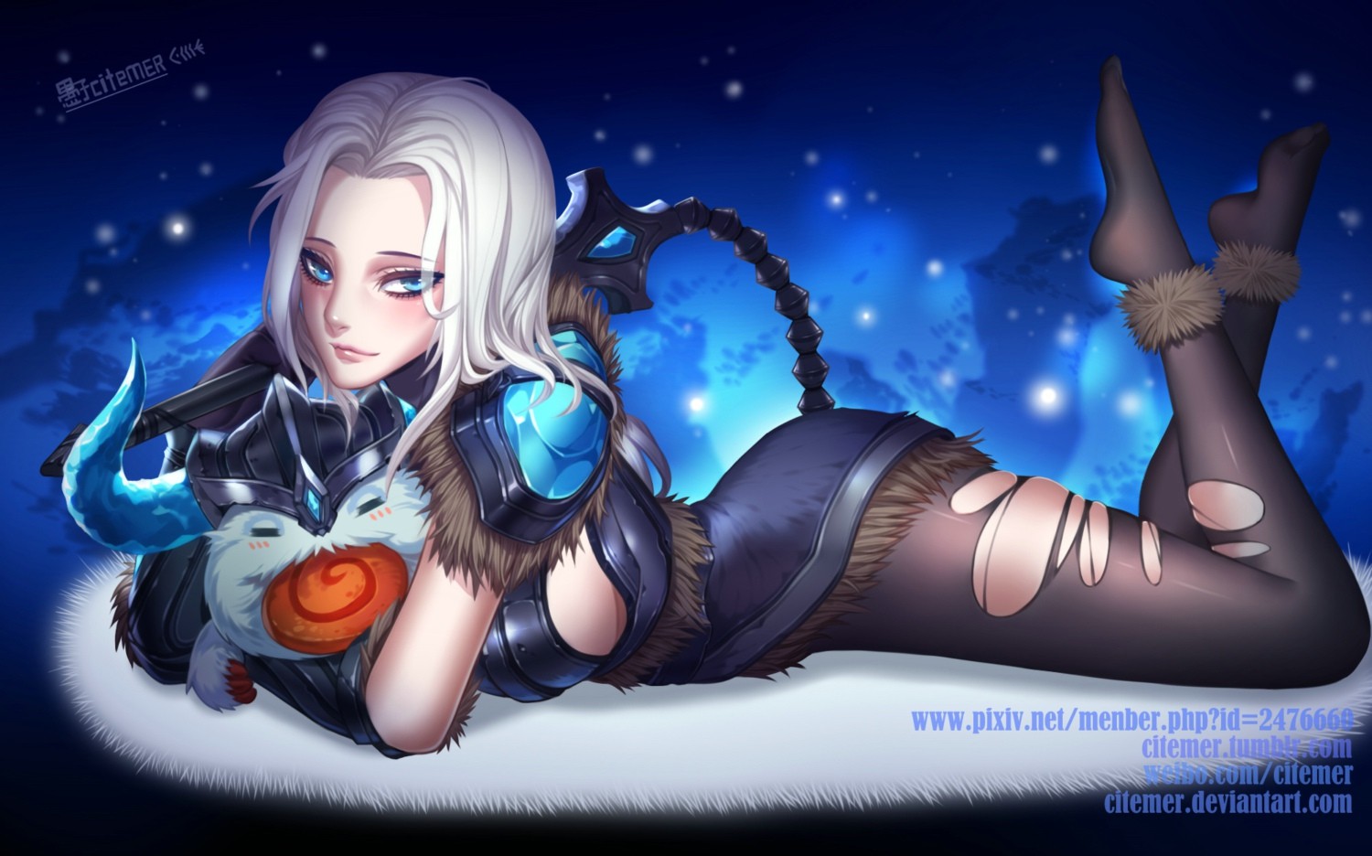 Anime 1500x936 anime girls anime pantyhose torn pantyhose legs up legs short hair white hair gloves weapon armor minidress sejuani League of Legends looking at viewer