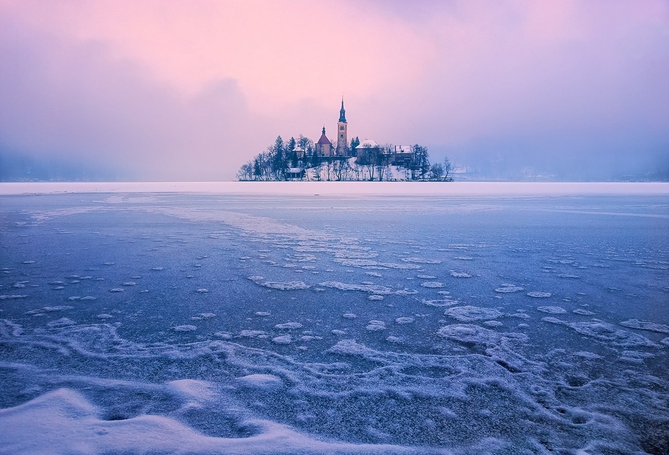 General 1366x929 lake island winter Lake Bled Slovenia church frost ice mist trees nature landscape cold outdoors
