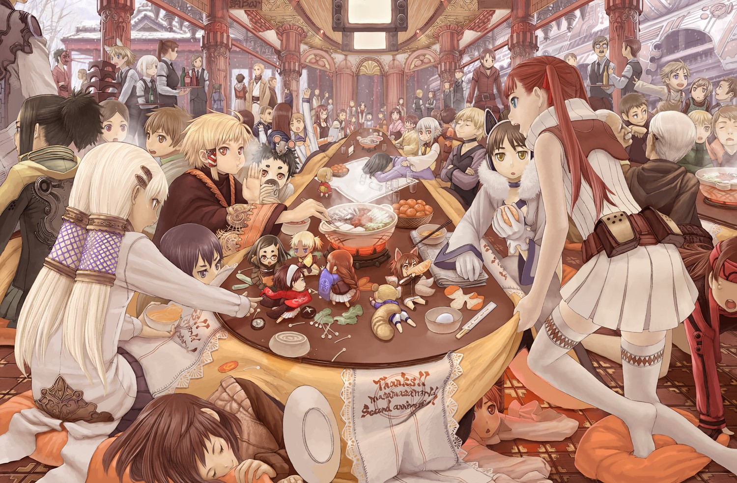 Anime 1500x984 detailed soft shading Last Exile table Masakichi anime indoors food anime girls anime boys